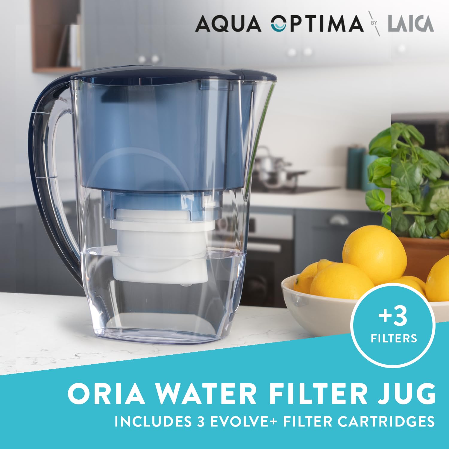 Aqua Optima Oria Water Filter Jug - 2.8L Capacity, Reduces Microplastics, Chlorine & Limescale | Includes 3 Evolve+ Filters