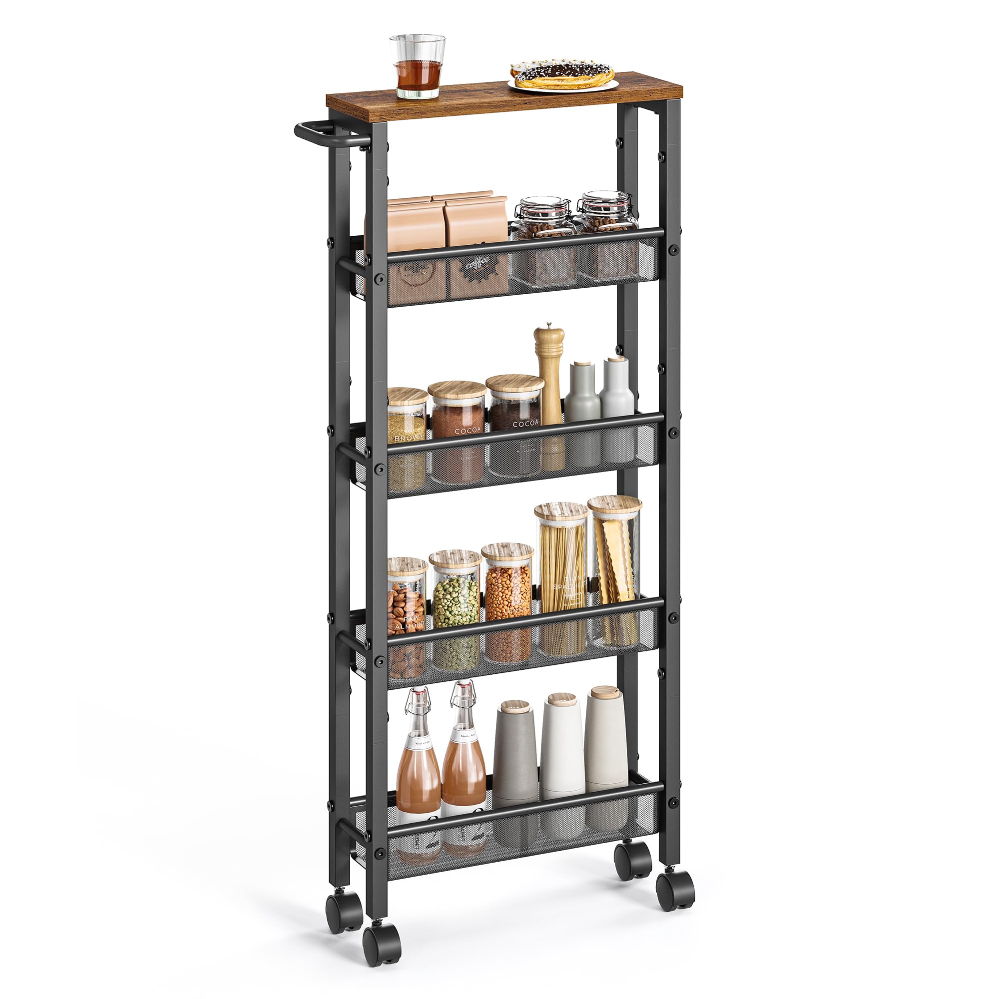 VASAGLE 5-Tier Kitchen Storage Cart with Castors | Slim 13cm Deep | Rustic Brown + Black 1