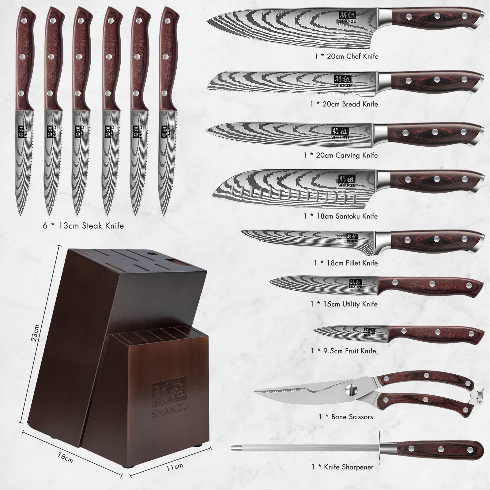 SHAN ZU 16-Piece Japanese Kitchen Knife Set with Block | High Carbon Stainless Steel | Laser Engraved