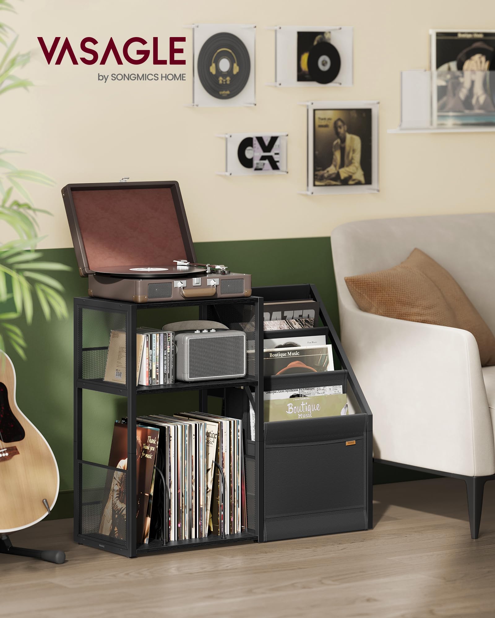 VASAGLE Record Player Stand - 3-Tier Storage for 140 Albums | Ebony Black End Table | 30 x 81 x 69 cm 2