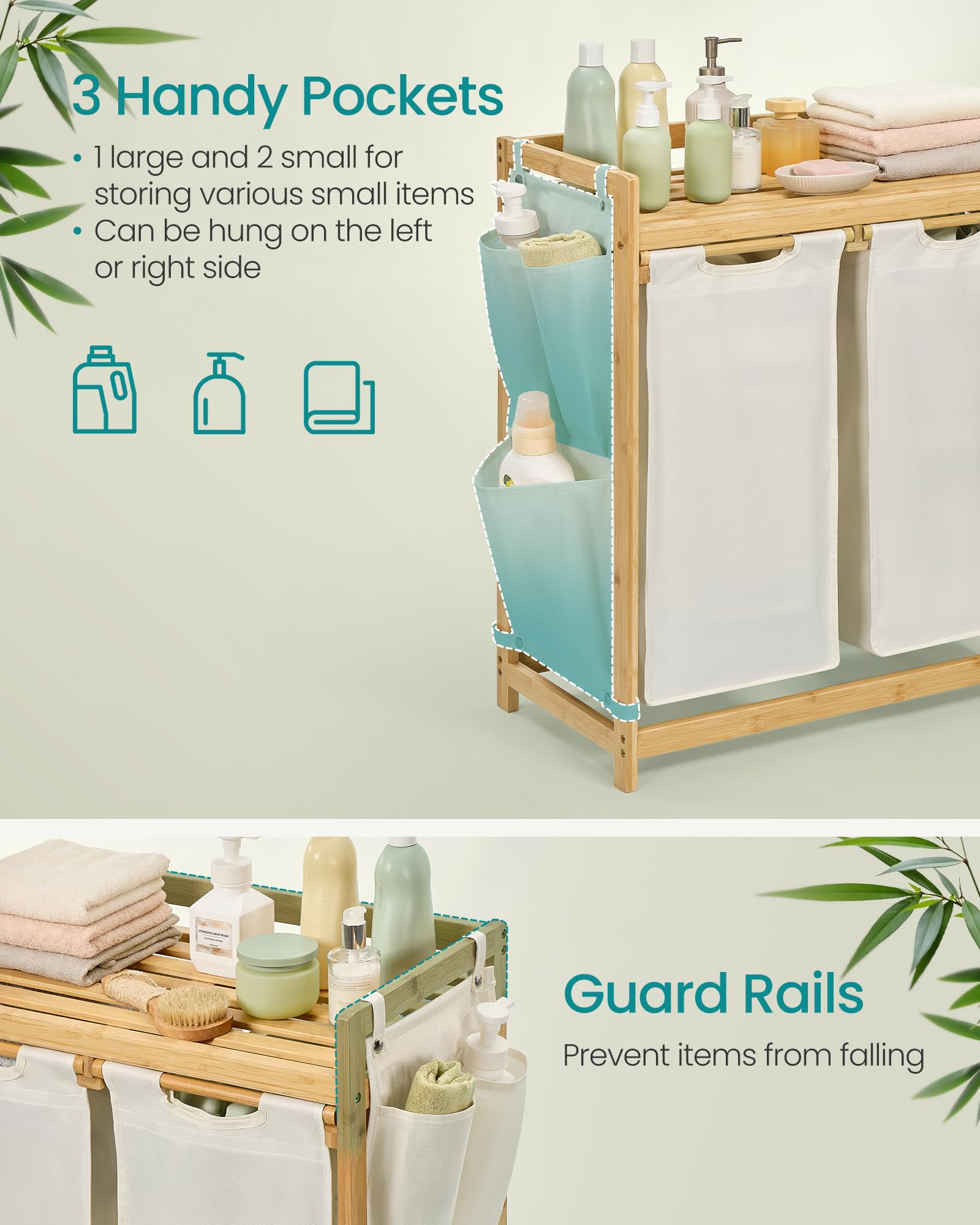 SONGMICS Bamboo Laundry Basket with 2 Compartments - 100 L Capacity | Cream White | RLH100W01 4