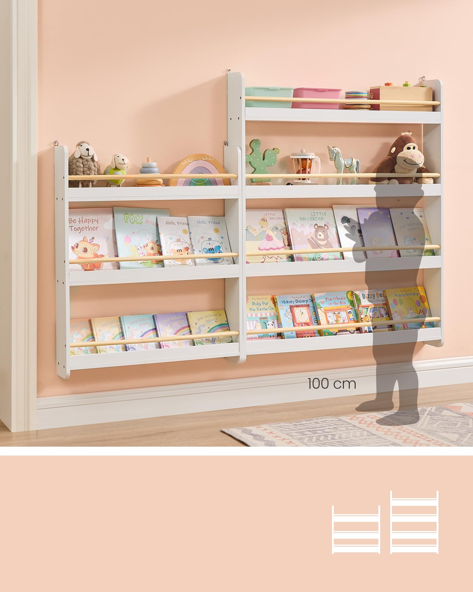 SONGMICS Kids Bookshelf - 4-Tier Wall Mounted Bookcase for Children | Pine Engineered Wood | Natural White 2