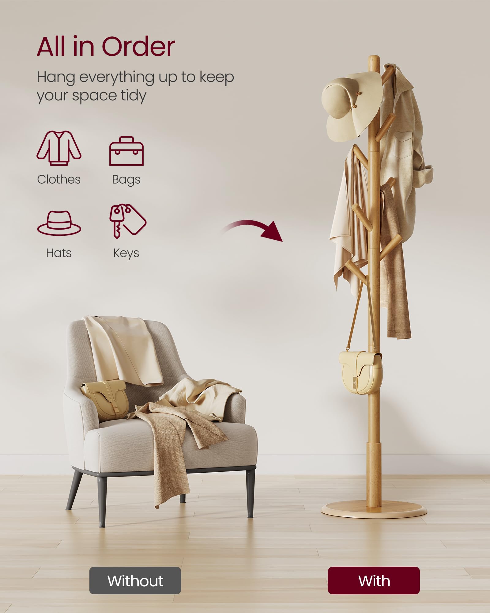 VASAGLE Solid Wood Coat Rack - Freestanding Hall Tree | 40Dia x 171.8H cm | 40 kg Capacity 3