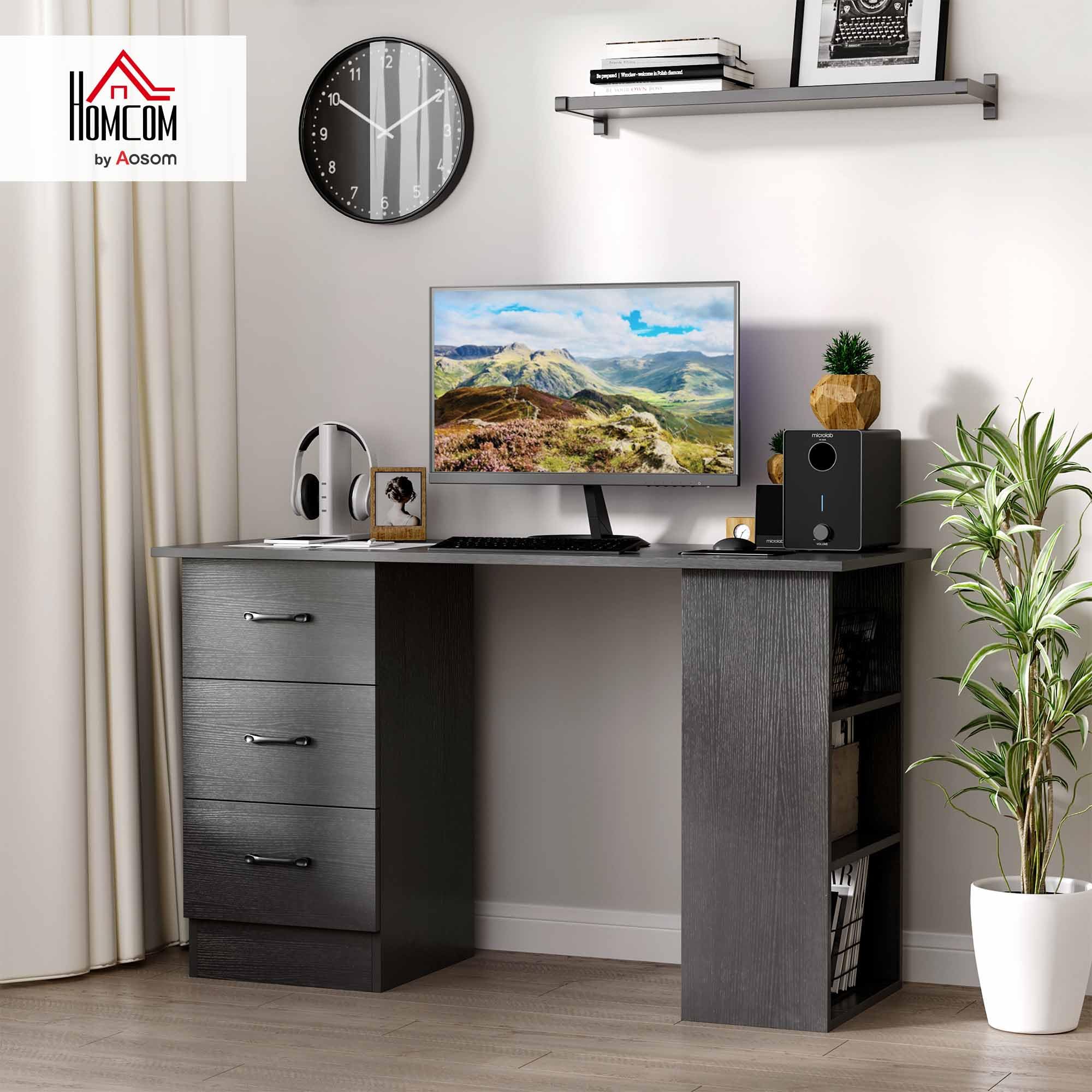 HOMCOM Computer Desk with Drawers and Shelves - Reversible Layout | 120 x 49 cm | Black