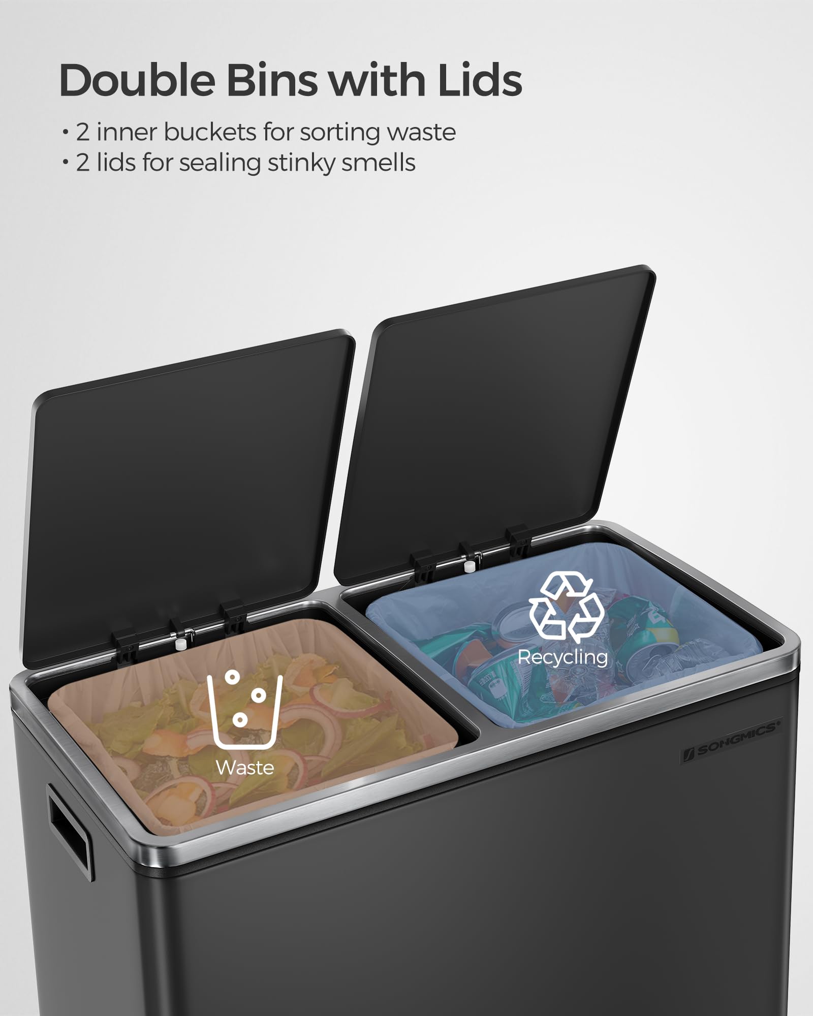 SONGMICS Dual Rubbish Bin - 2 Compartment Recycling Bin with Pedals | 2 x 30 L | Black LTB60BK 3