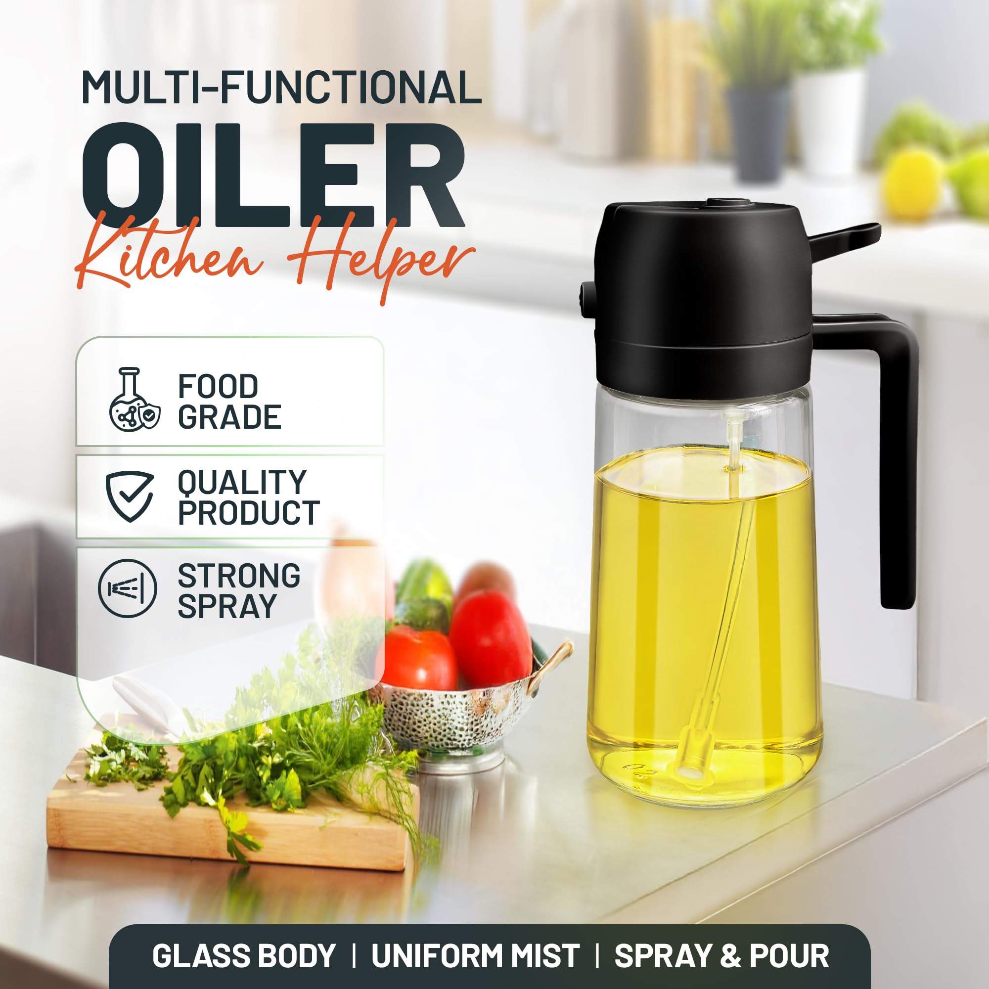 PORTENTUM 500ml Glass Oil Sprayer Dispenser - 2 in 1 Spray & Pour for Cooking | Refillable 5