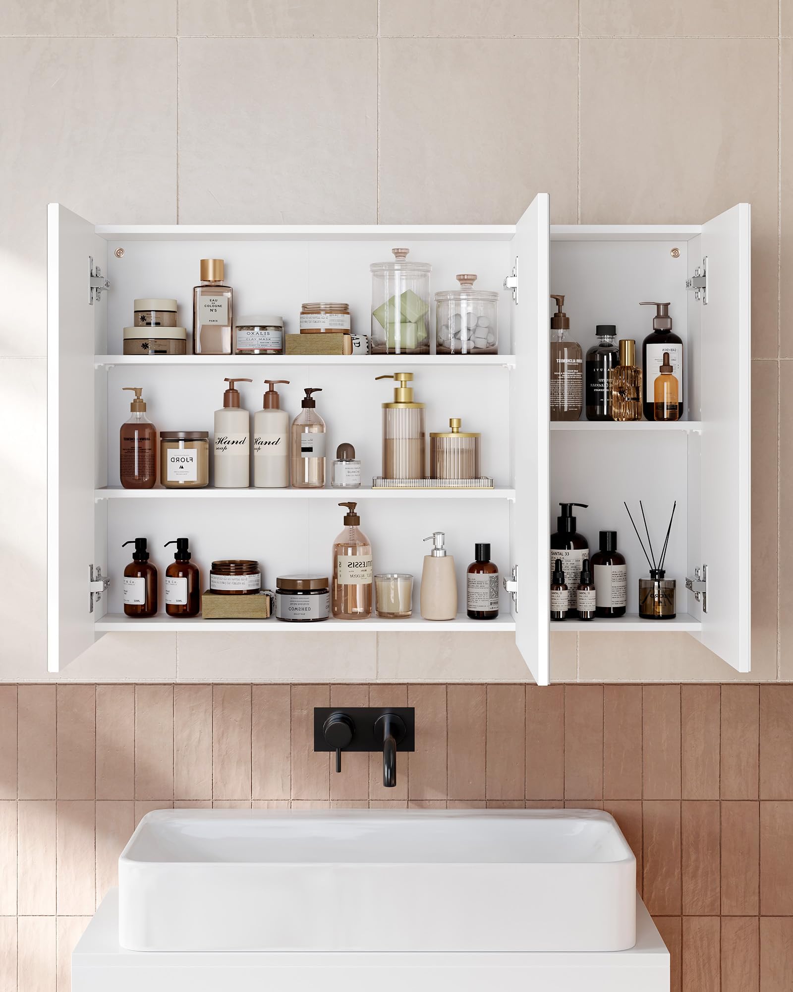 VASAGLE KAILYN Wall Cabinet with Mirror - 3-Door Storage Unit | White | 90W cm 4