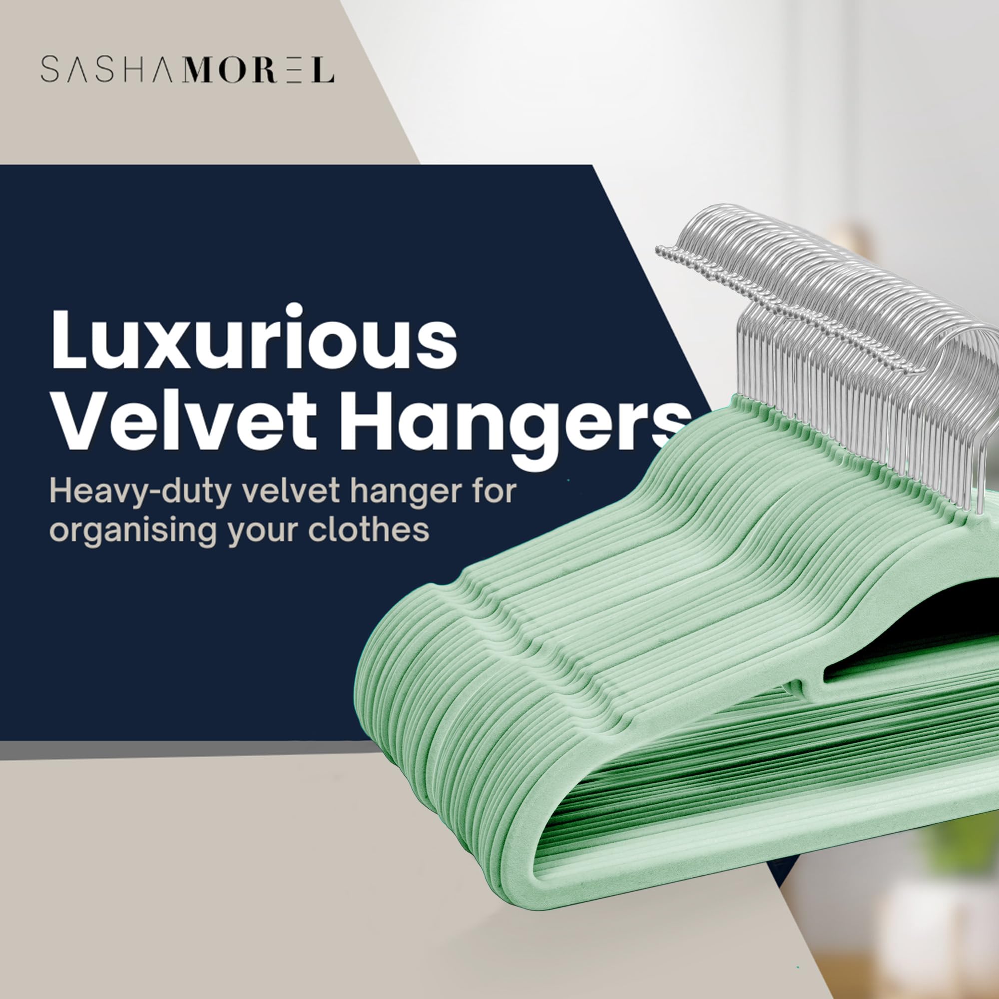 Sasha Morel Velvet Coat Hangers - 50 Pack Non-Slip Space Saving with Swivel Hooks | Mint Green 2