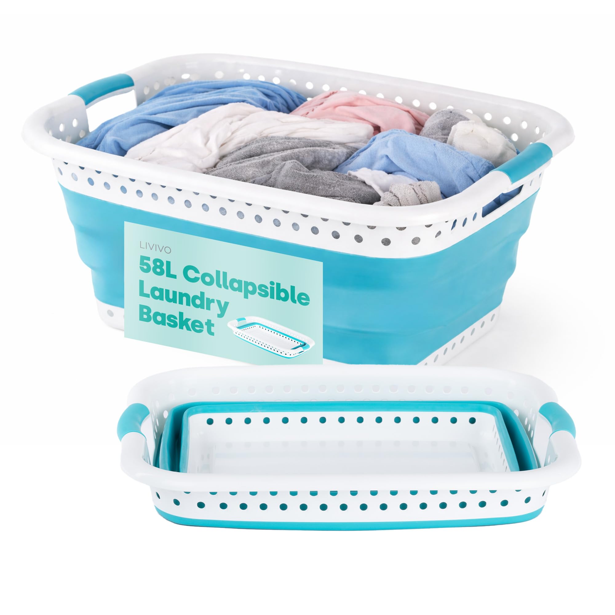 LIVIVO Collapsible Laundry Basket 58L - Foldable with Carry Handles | Turquoise 1