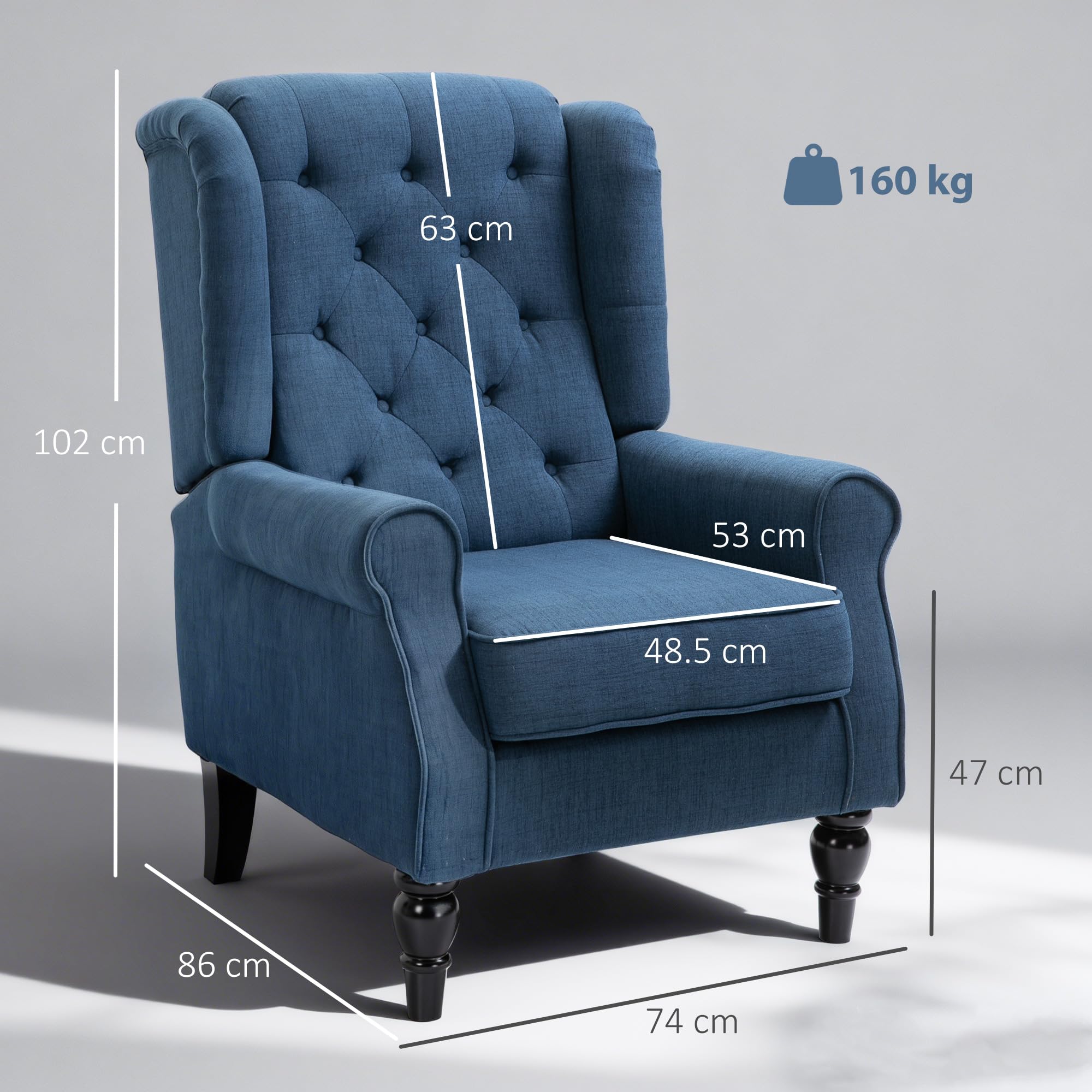 HOMCOM Retro Wingback Armchair - Snow Flannel, Button-Tufted, Blue | Supports 160kg 3