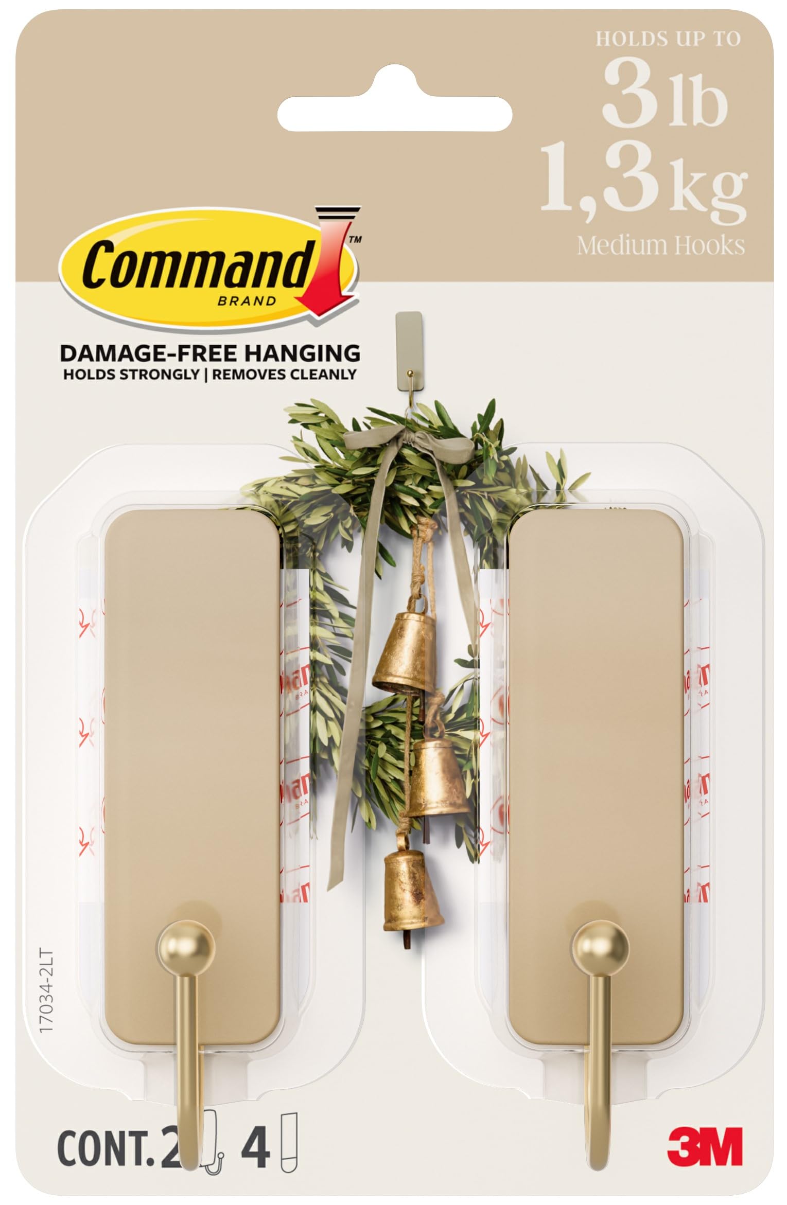 Command Medium Wall Hooks - Damage-Free Hanging, Holds 1.3kg | Latte Brown | 2 Hooks, 4 Strips 1