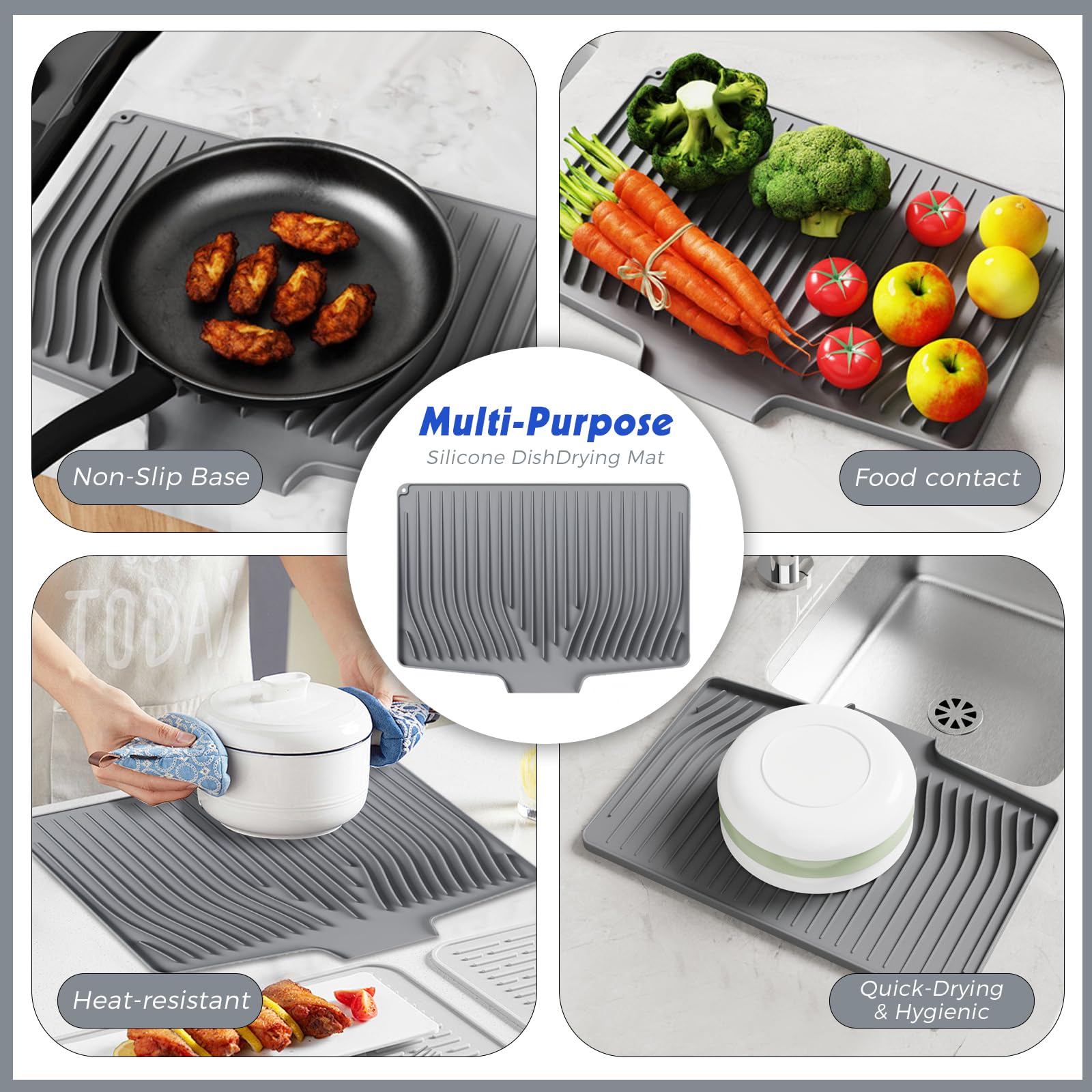 Woobroo Silicone Dish Drying Mat - Non-Slip, Heat-Resistant, Grey | 48x35 cm 7