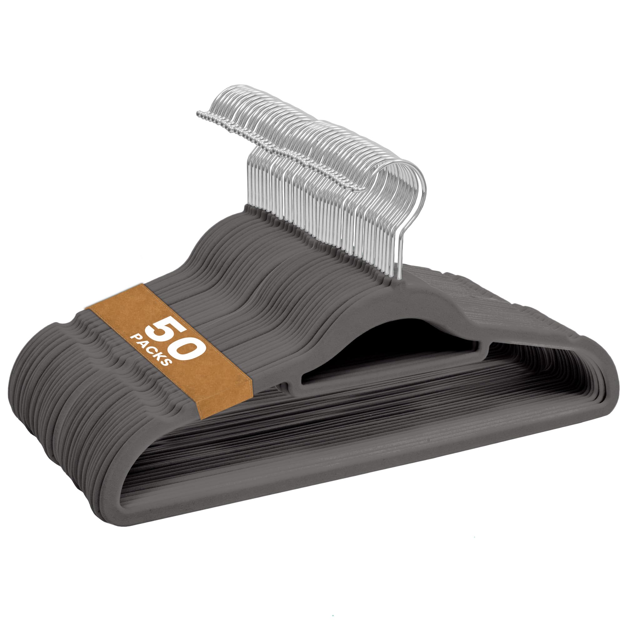 Sasha Morel Velvet Coat Hangers - 50 Pack Space Saving Non-Slip Hangers with Swivel Hooks | Grey 1