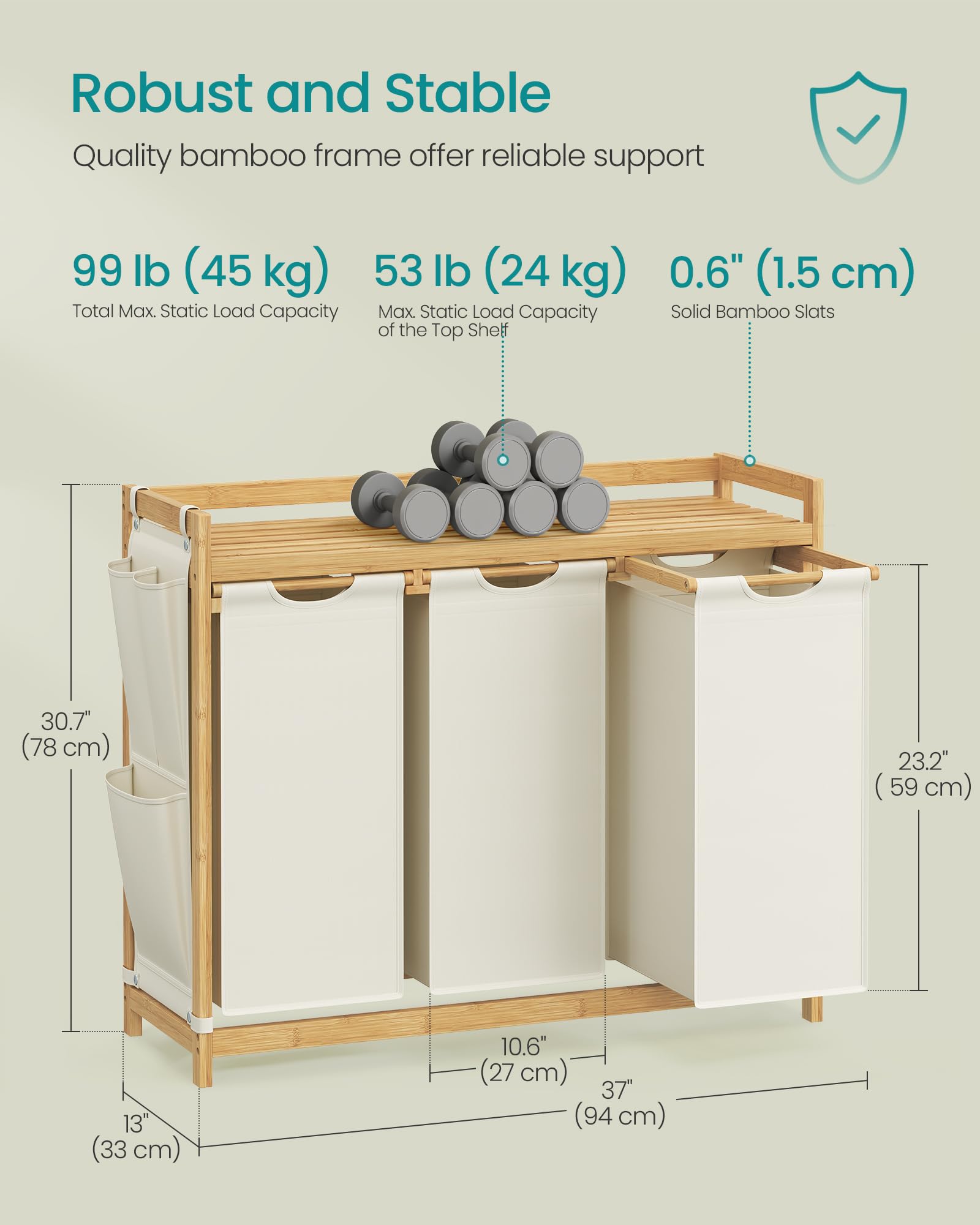 SONGMICS Laundry Basket with 3 Compartments | 150 L Capacity | Bamboo Frame | Cream White 7