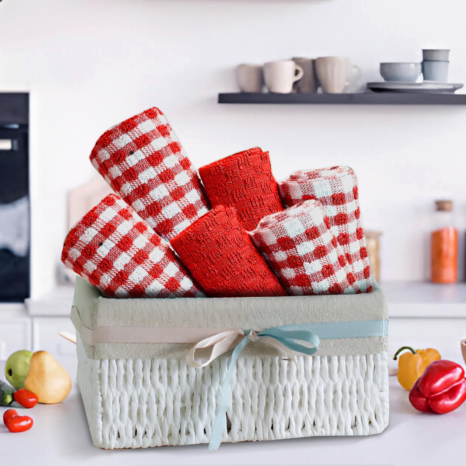 Casabella Pack of 6 Terry Cotton Kitchen Tea Towels - Highly Absorbent Dish & Bar Towels | Red 9