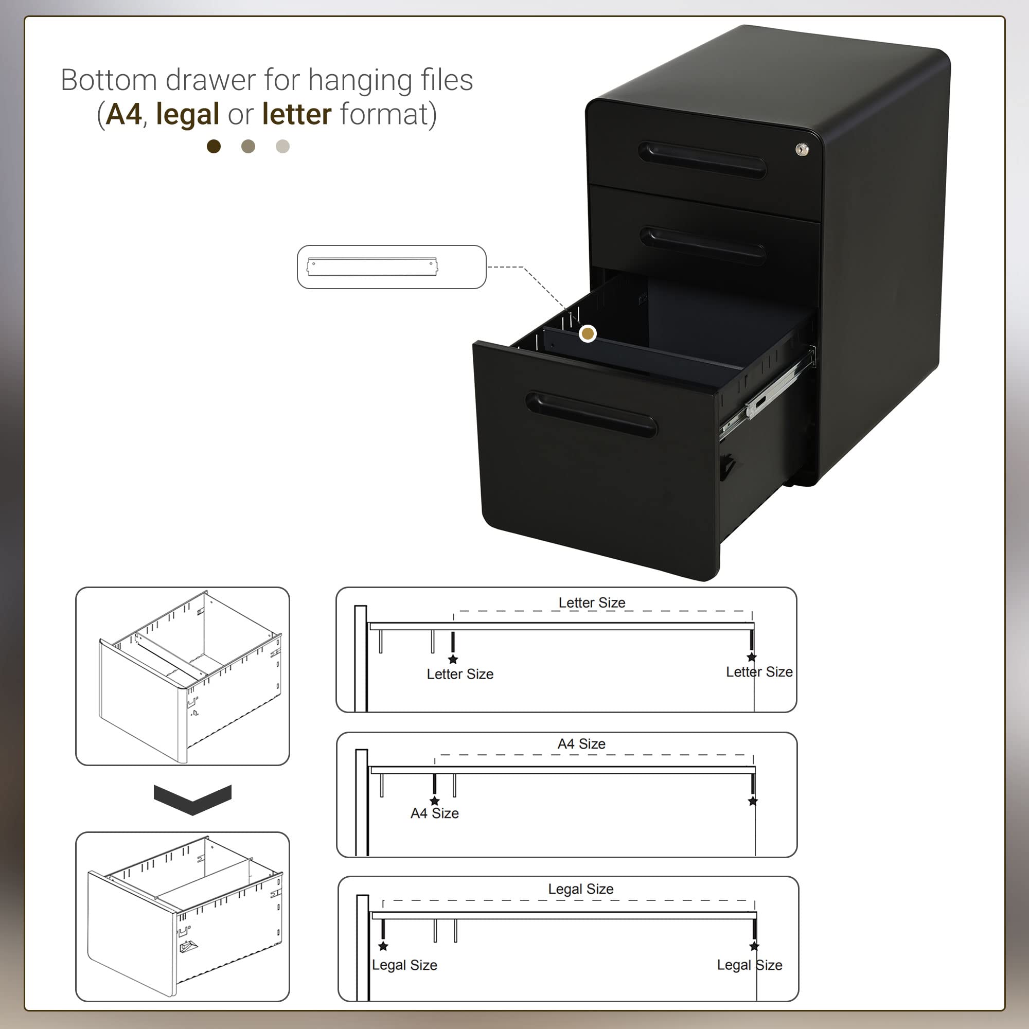 Vinsetto Lockable Mobile File Cabinet with 3 Drawers | Steel Body | Black | 39W x 48D x 59H cm 6
