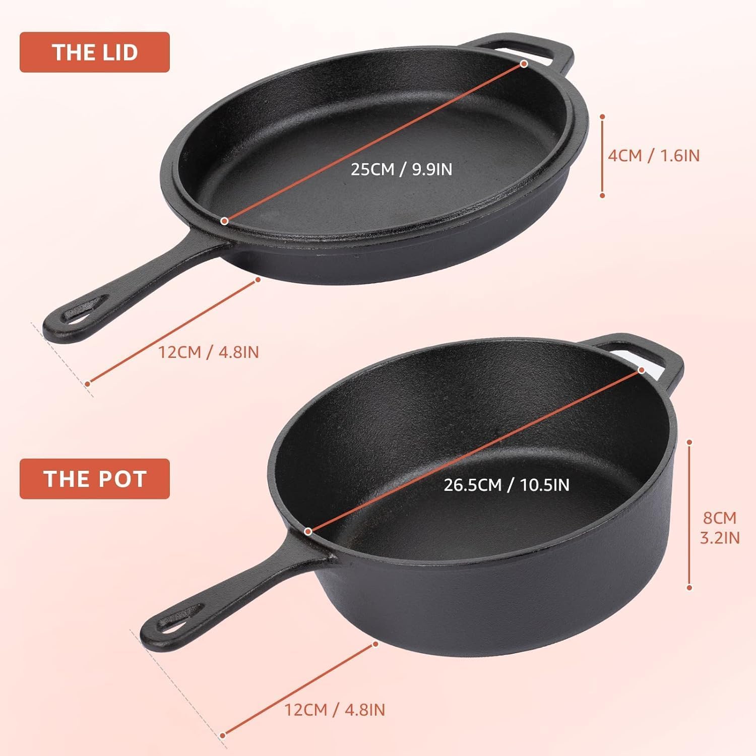 OVERMONT Cast Iron Dutch Oven with Lid - 3L Capacity, 26CM Diameter, Pre-Seasoned 4