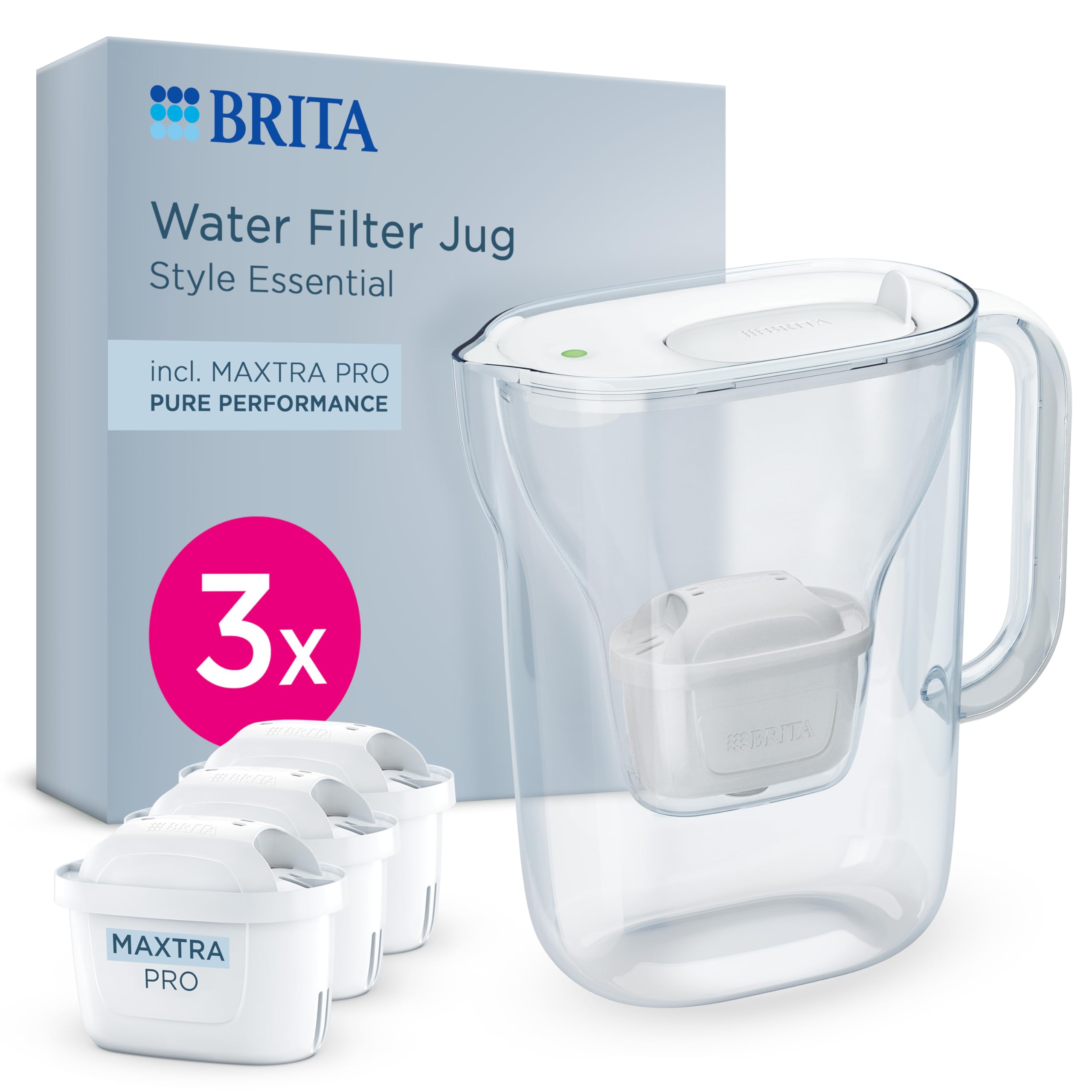 BRITA Style Essential Water Filter Jug - 2.4L White | Includes 3 MAXTRA PRO Pure Performance Cartridges 1