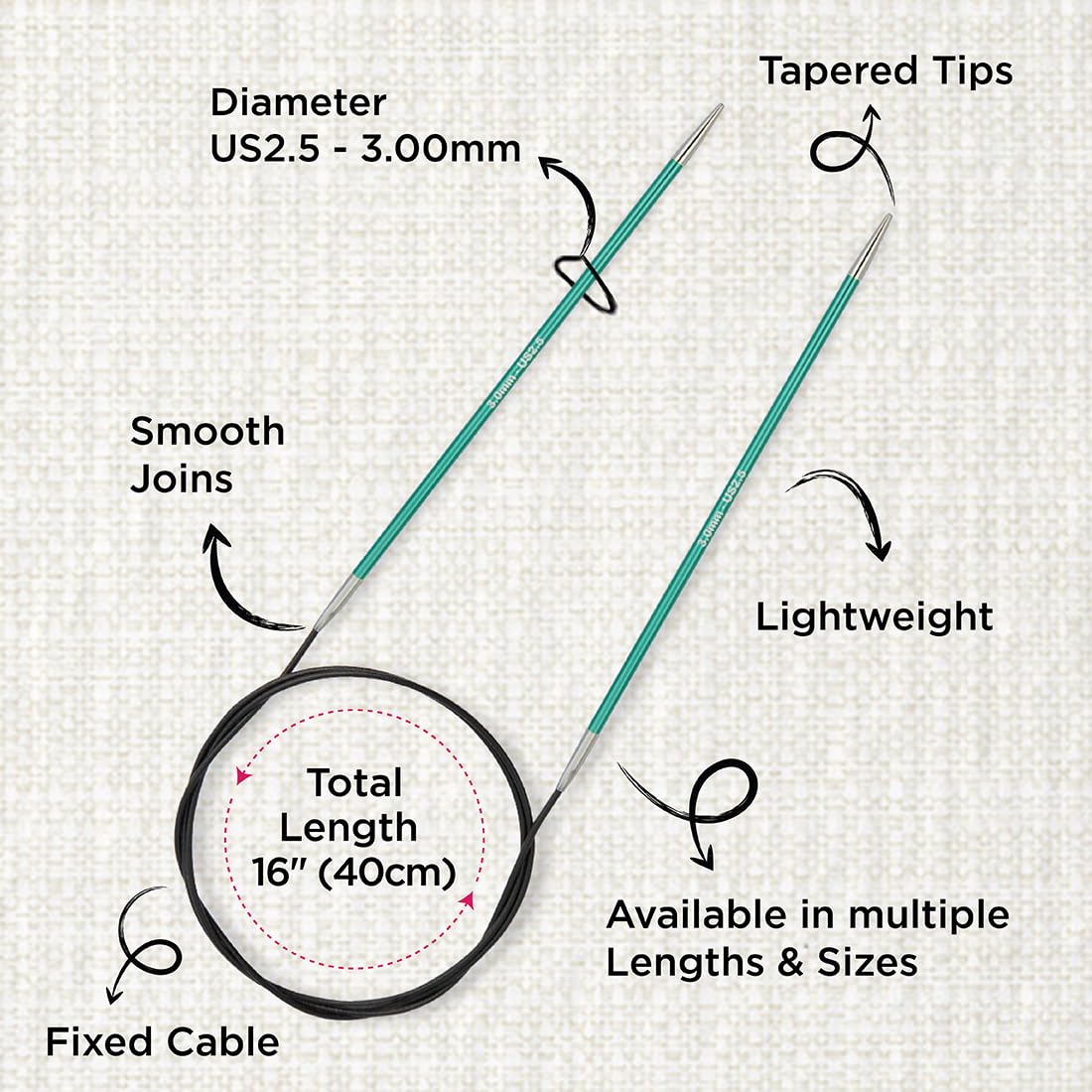 KnitPro Zing Fixed Circular Knitting Needles - 3.00mm Size | 40cm Length | Lightweight Aluminum 3