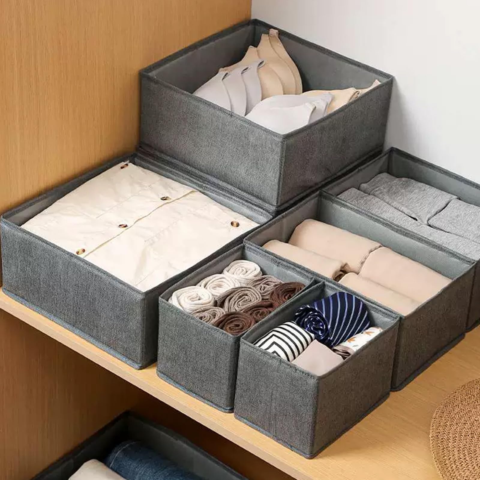 ASelected 6 Pcs Drawer Organisers - Foldable Grey Storage for Wardrobe & Drawers | 12cm Height 7