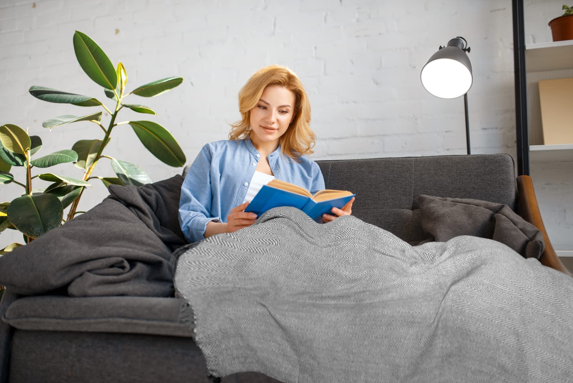 Emma Barclay Herringbone Throw Blanket - 100% Recycled Cotton | Silver Grey | 50x60 Inches (127x152cm) 5