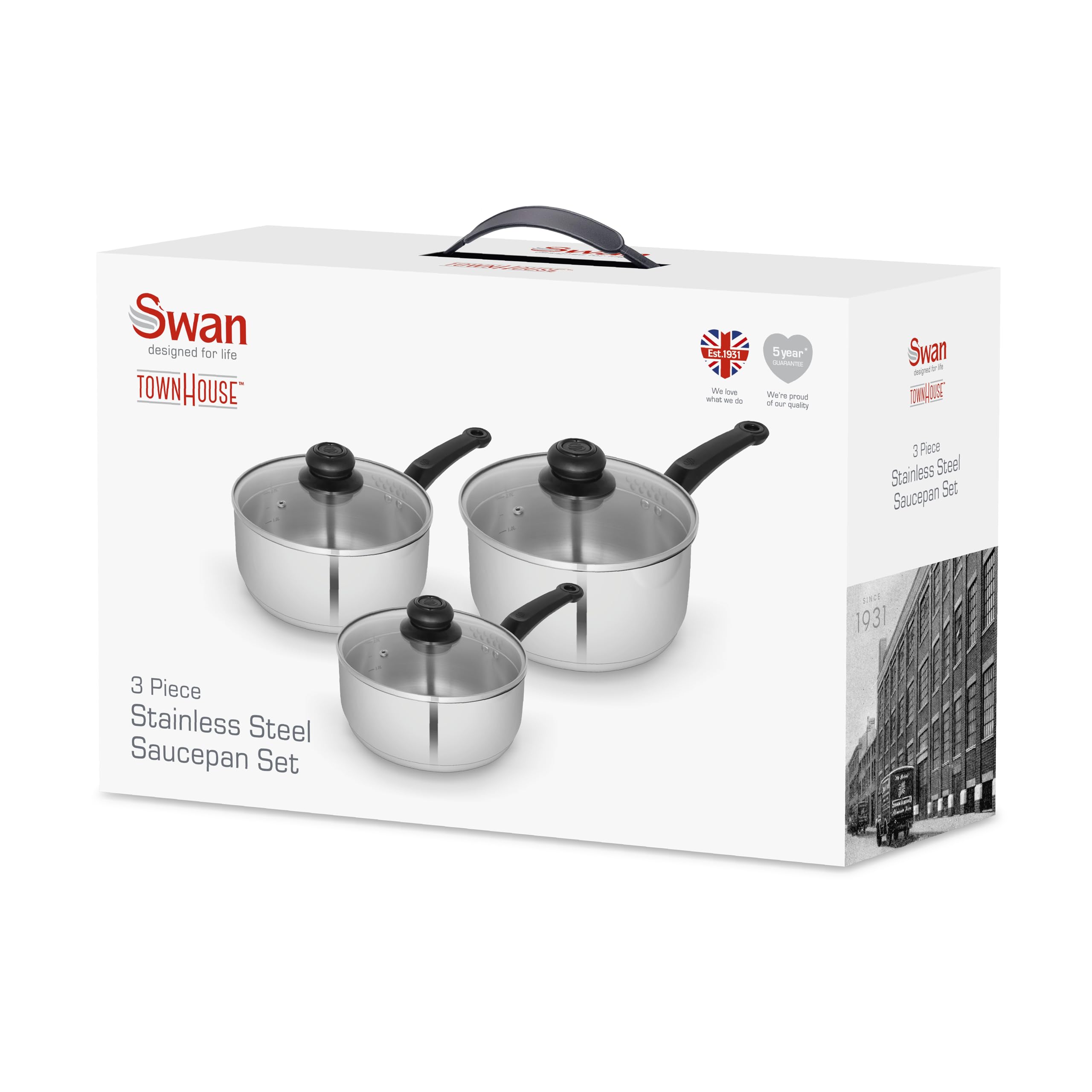 Swan Townhouse 3 Piece Stainless Steel Saucepan Set | 16/18/20cm Sizes | Induction Compatible 8