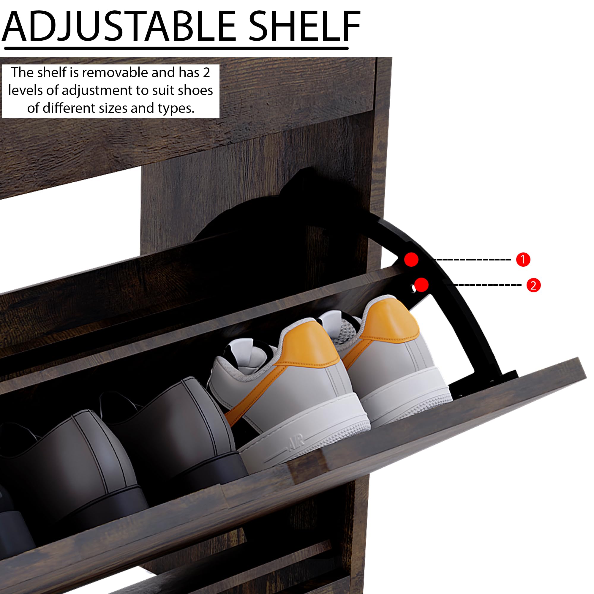 Vida Designs Wooden Shoe Cabinet - 2 Flip Drawers | Space-Saving Slim Design | Dark Wood 6