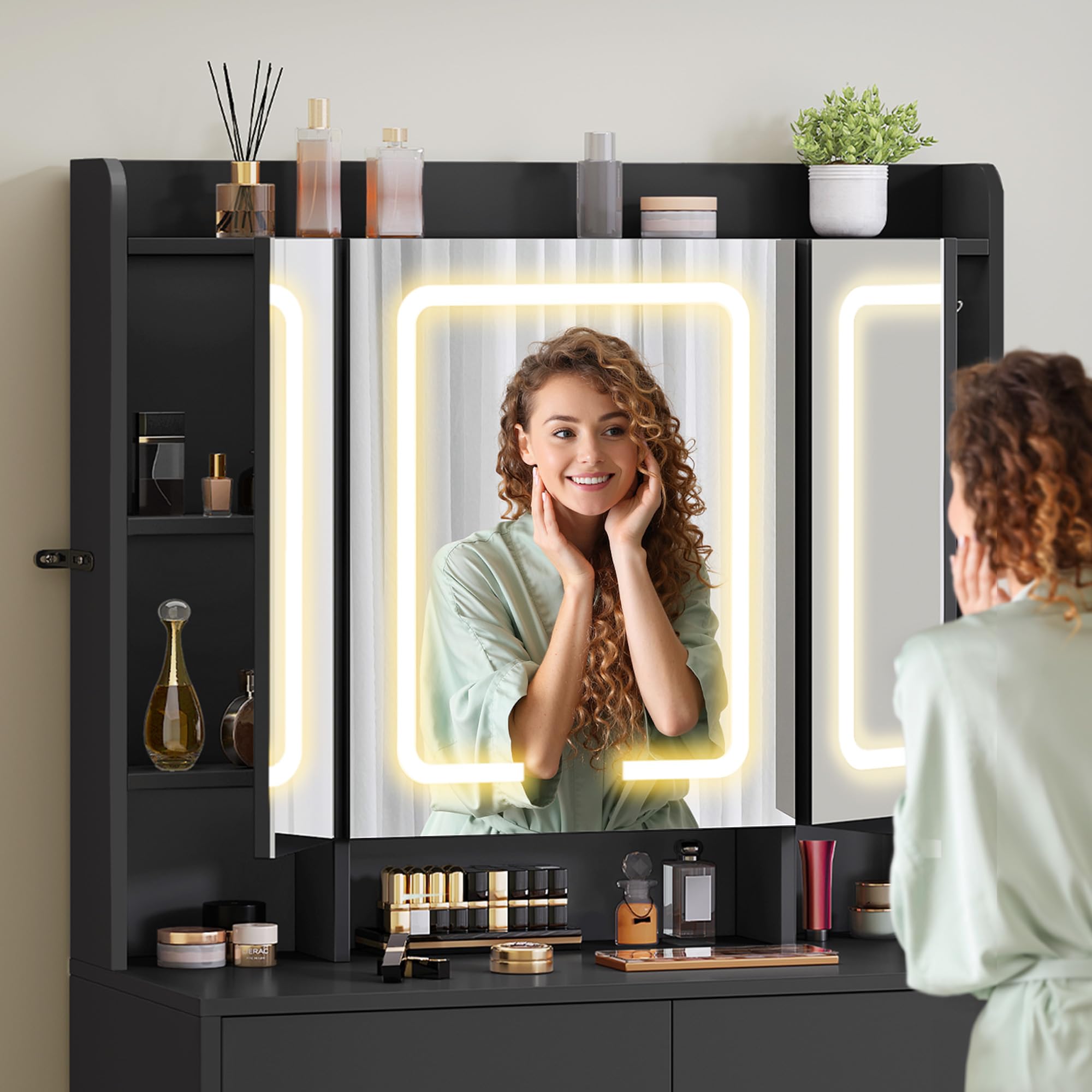 YITAHOME Dressing Table with 3 Mirrors & LED Lights | Black Finish | 90 x 145 x 40 cm 6