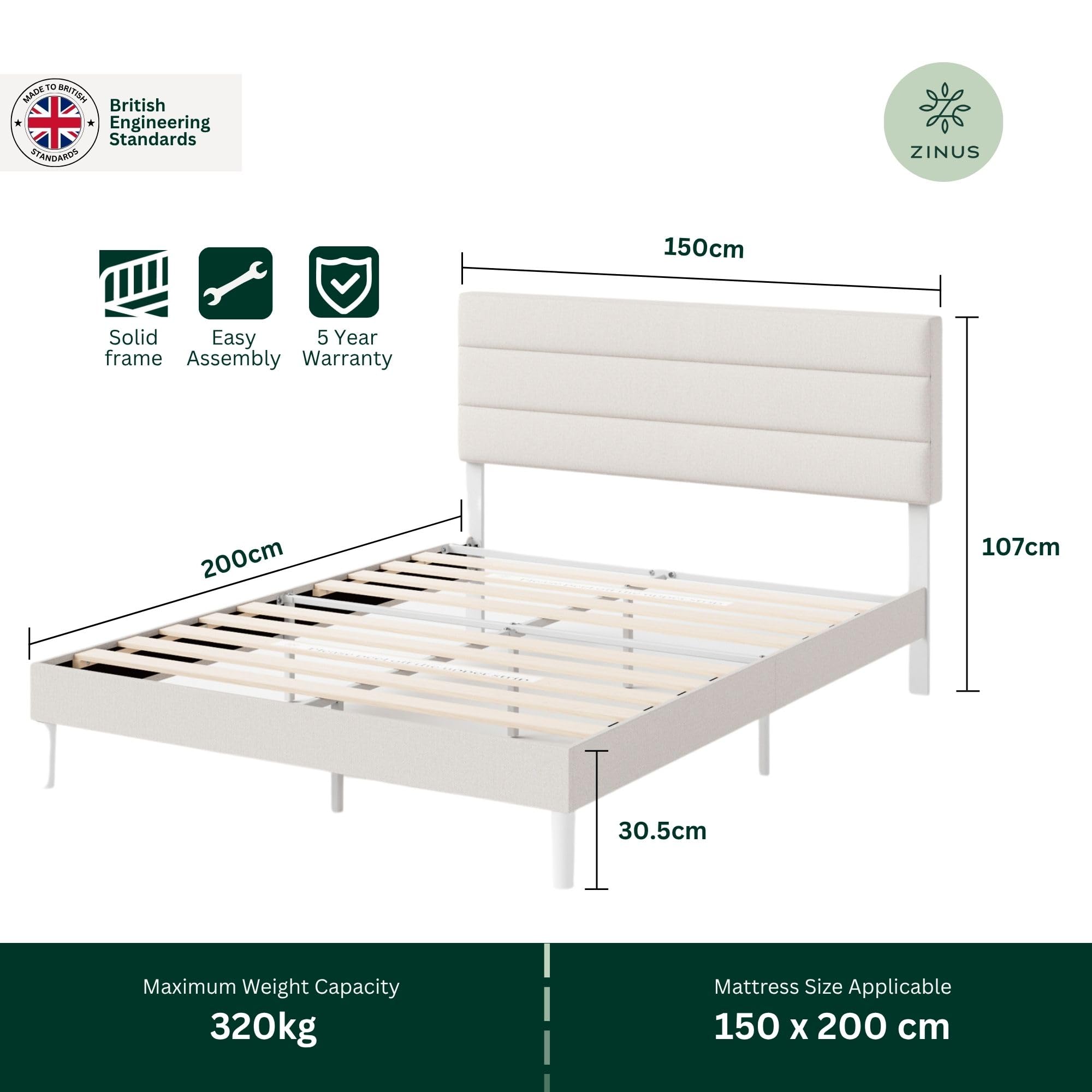 Zinus Piper King Upholstered Bed Frame with Headboard - Off White | 150x200 cm | Steel Frame 2