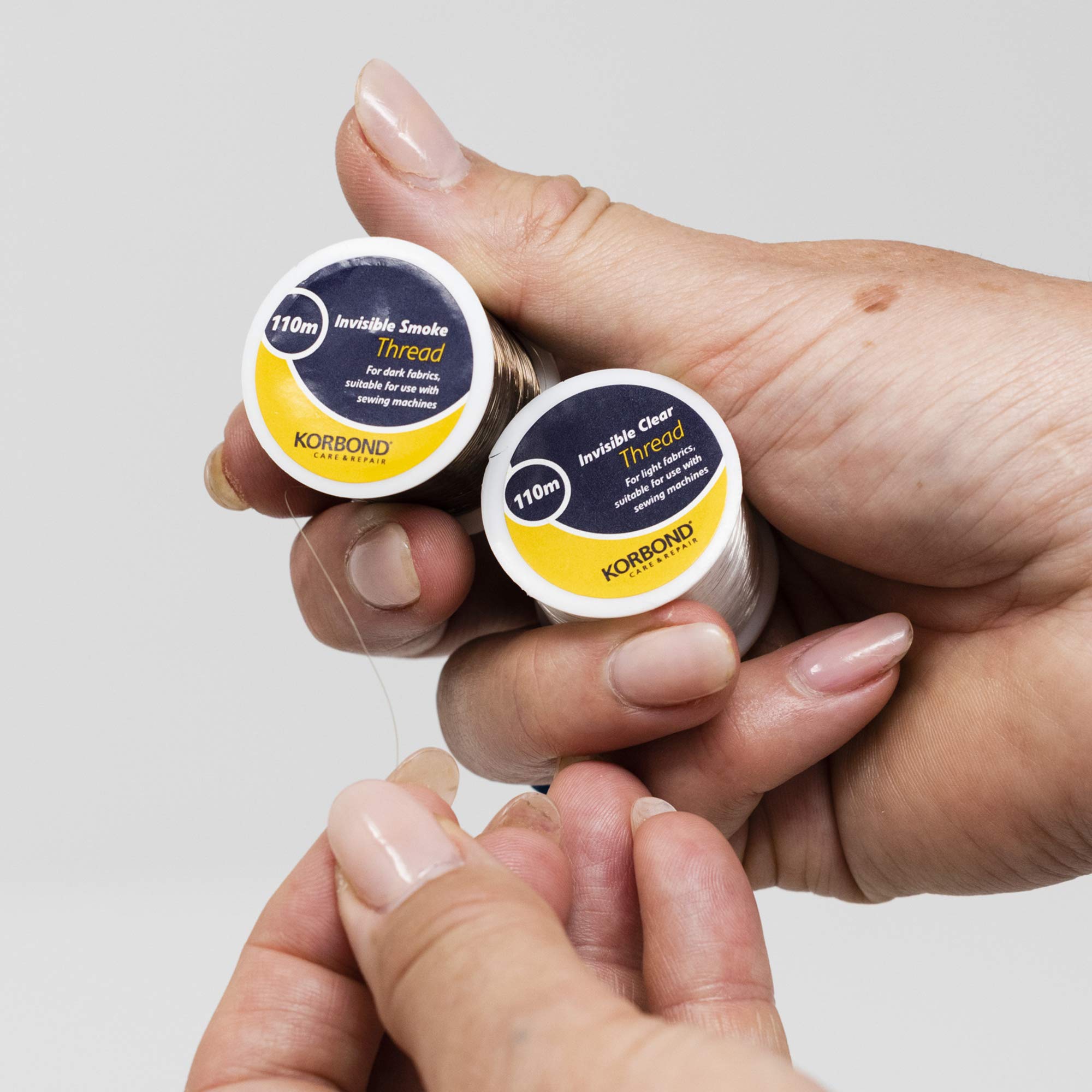 KORBOND Invisible Nylon Sewing Thread Set - 2 x 110m Spools (220m Total) Clear & Smoke for Light/Dark Fabrics 3