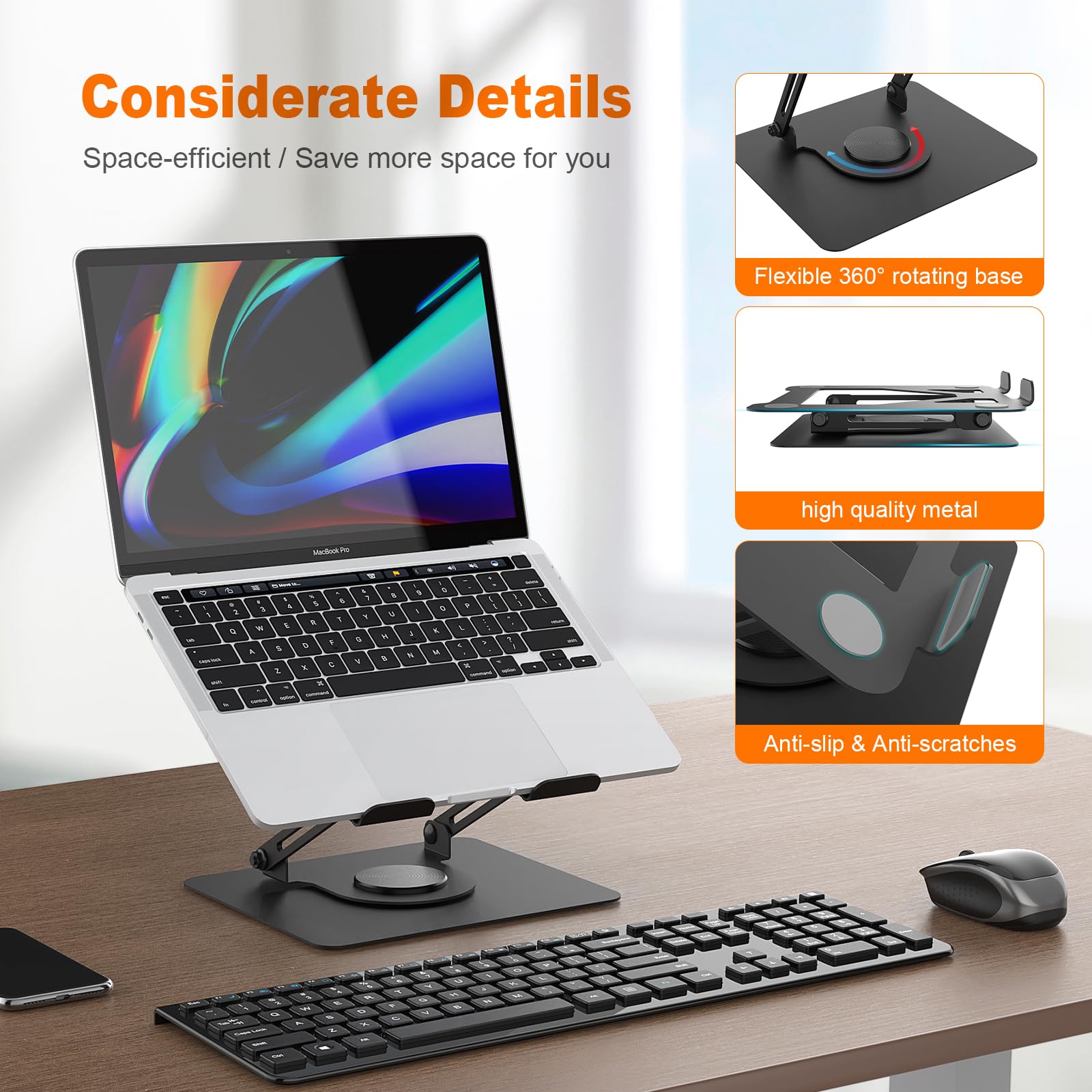GRIFEMA Laptop Stand for Desk - 360° Swivel, Adjustable Height & Angle, Ventilated, Black 4