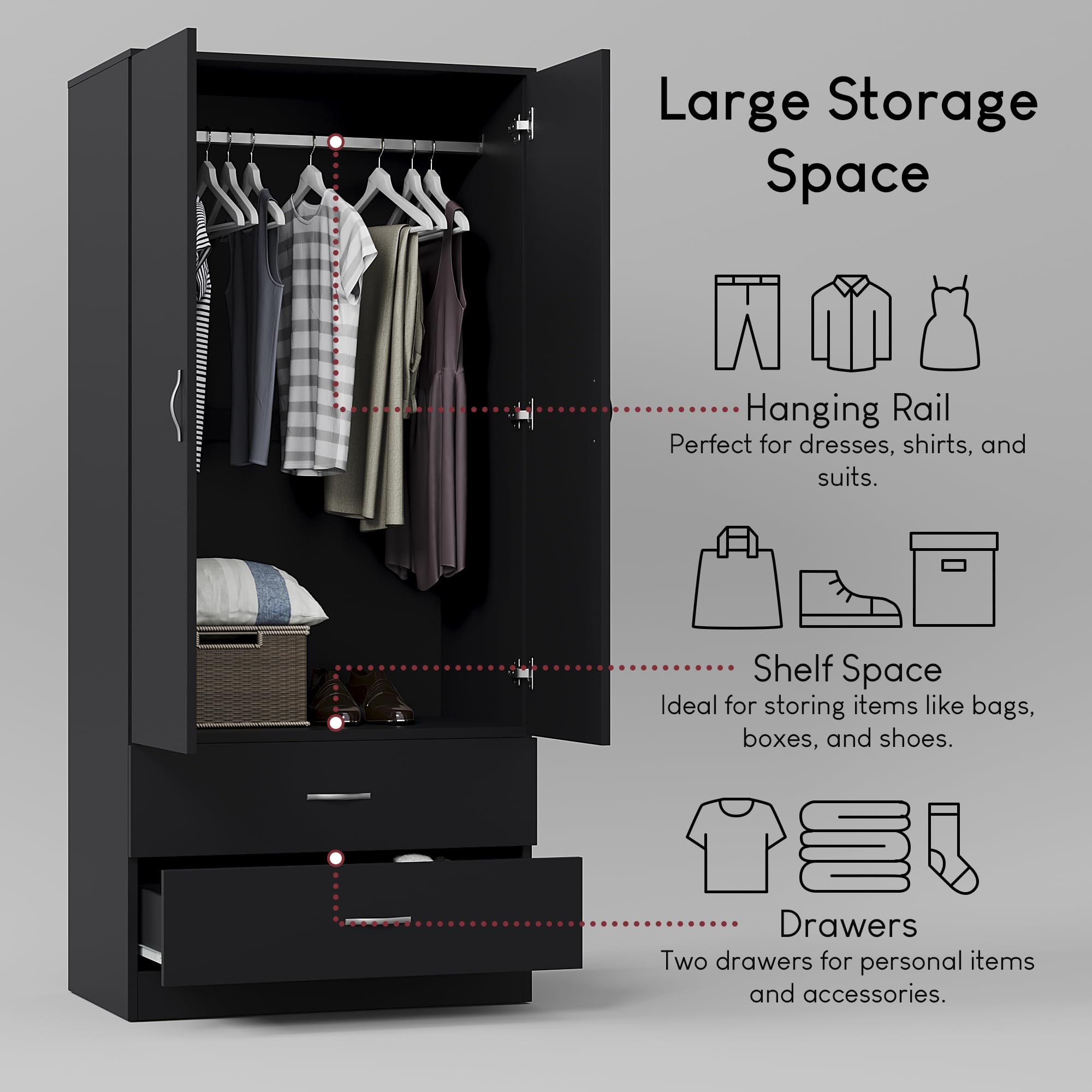 Vida Designs Riano 2 Door Wardrobe - Hanging Rail & Shelf Storage | Engineered Wood | Black 5