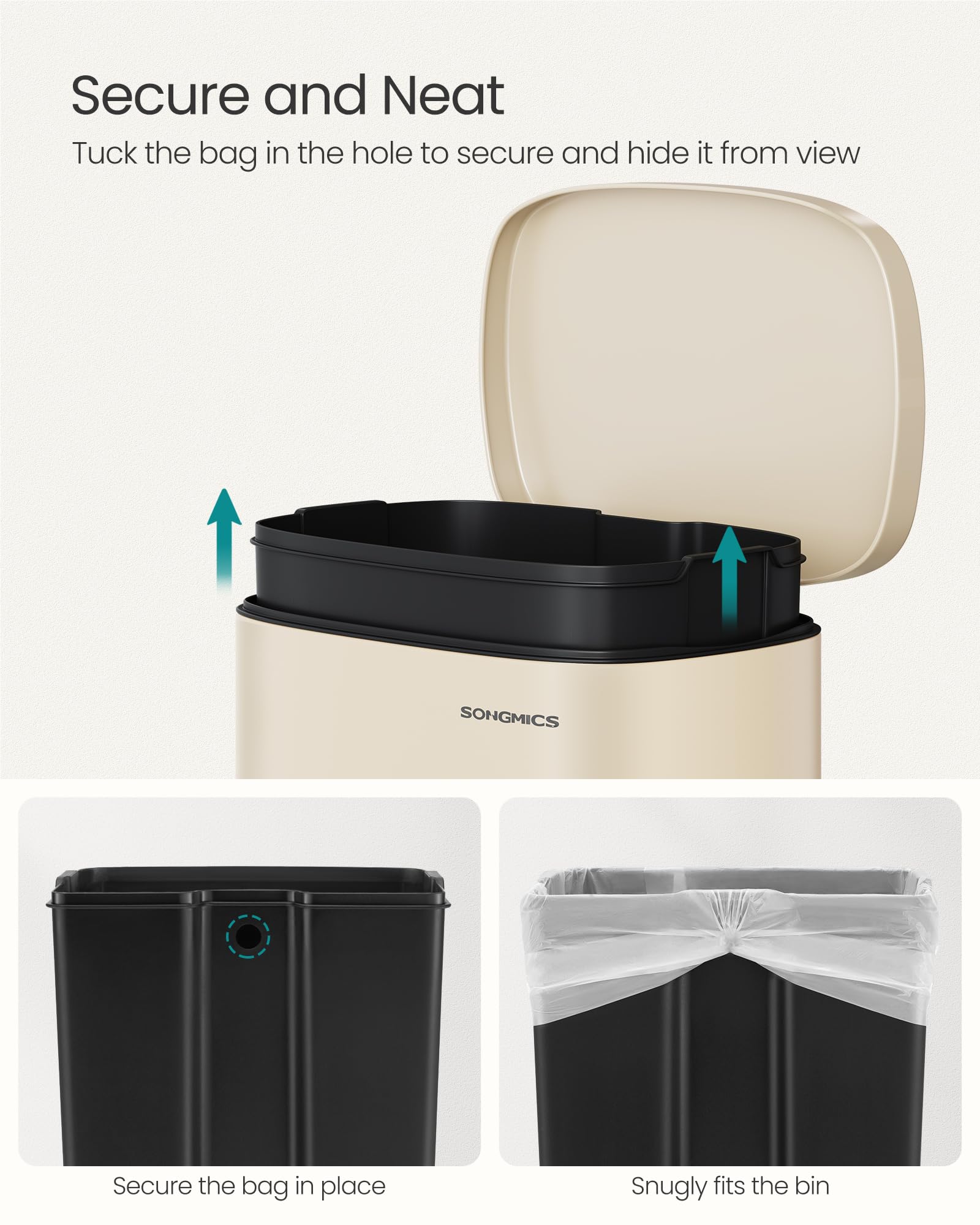SONGMICS Kitchen Bin - 50 L Capacity | Soft Close Lid | Steel Construction | Sand Beige 6