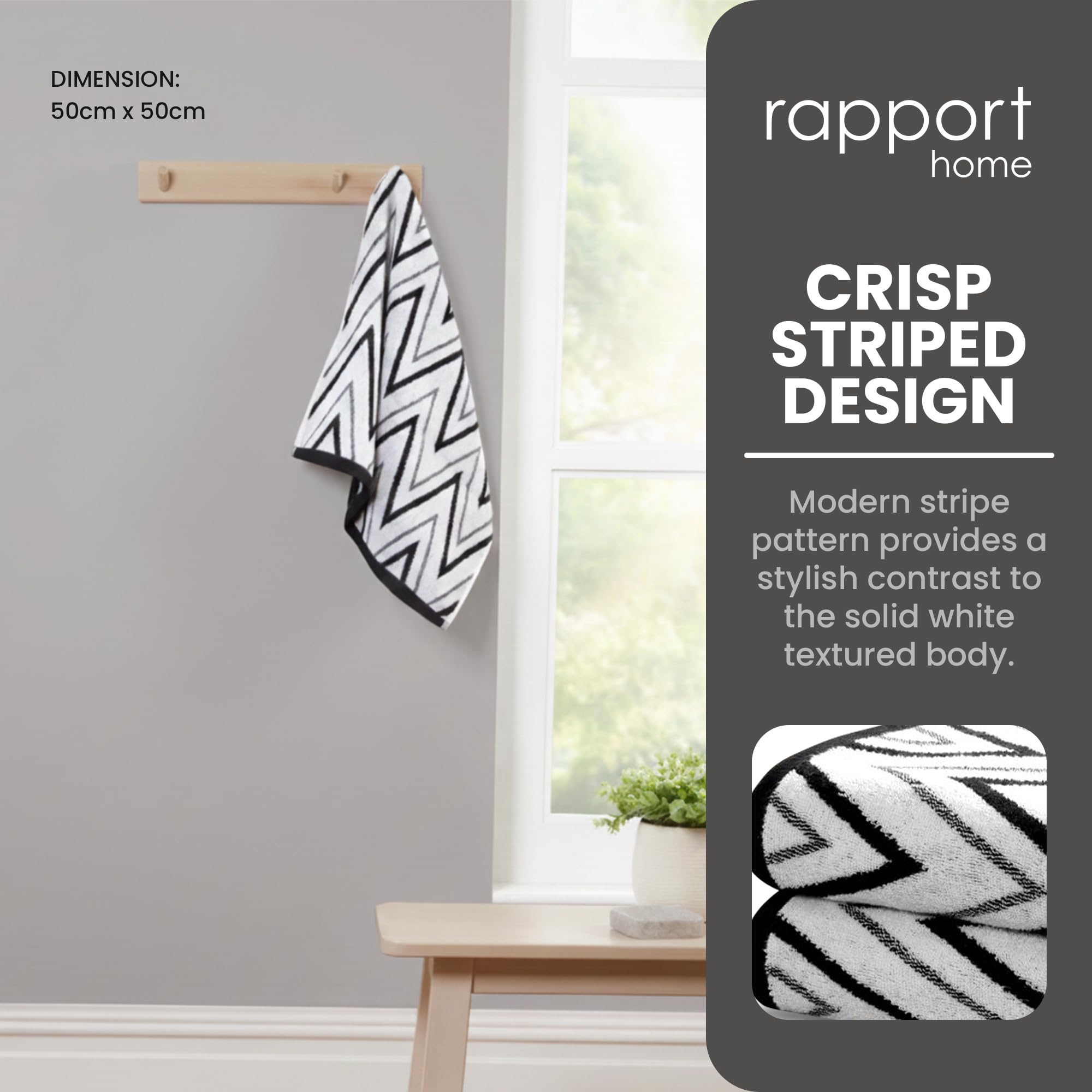 Rapport Home Helix Hand Towels 2 Pack - 500GSM 100% Cotton | Mono Black | 50x85cm 3
