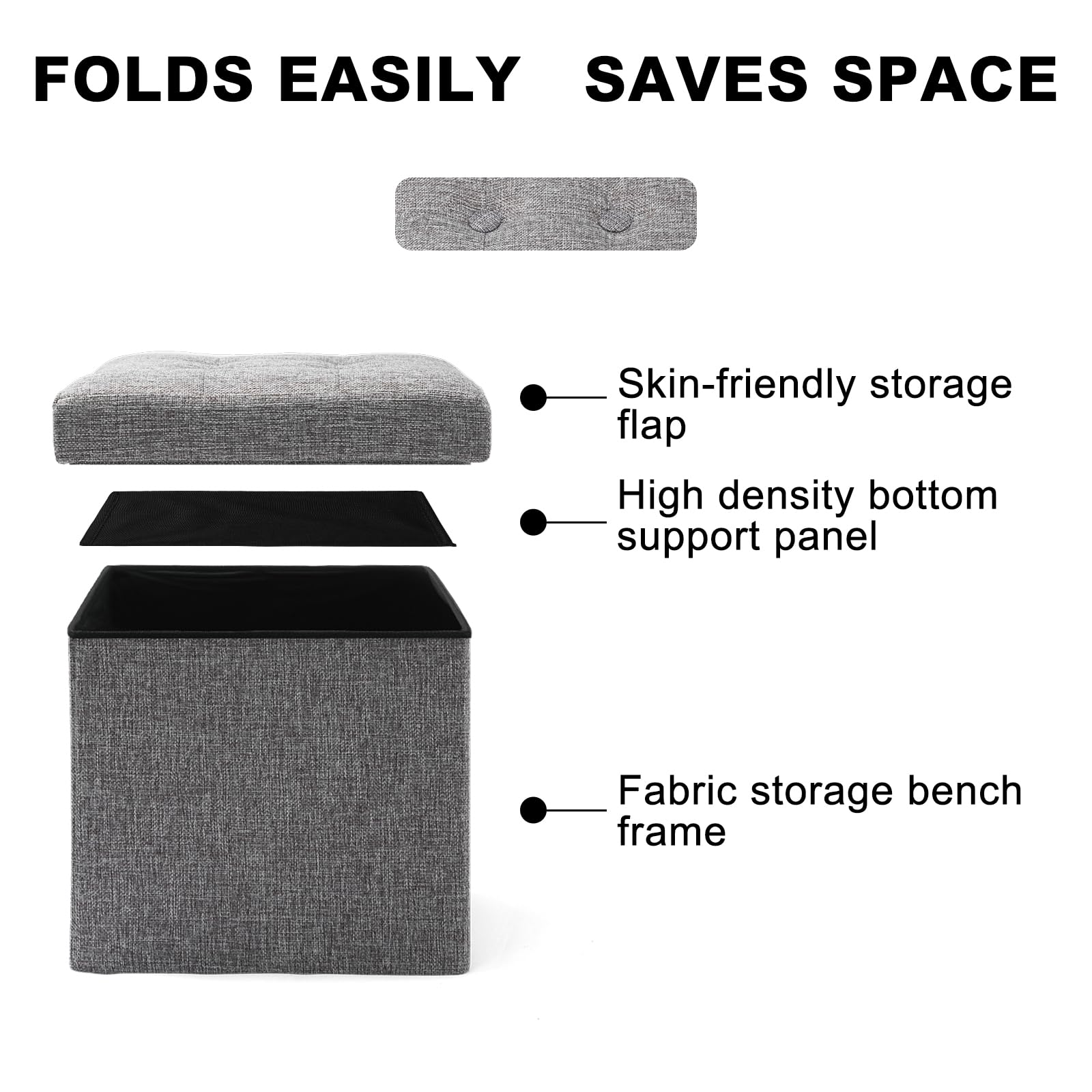 Oak & Tea Storage Ottoman Bench - Foldable, Padded Seat | Grey Linen | 30x30x30 cm 6
