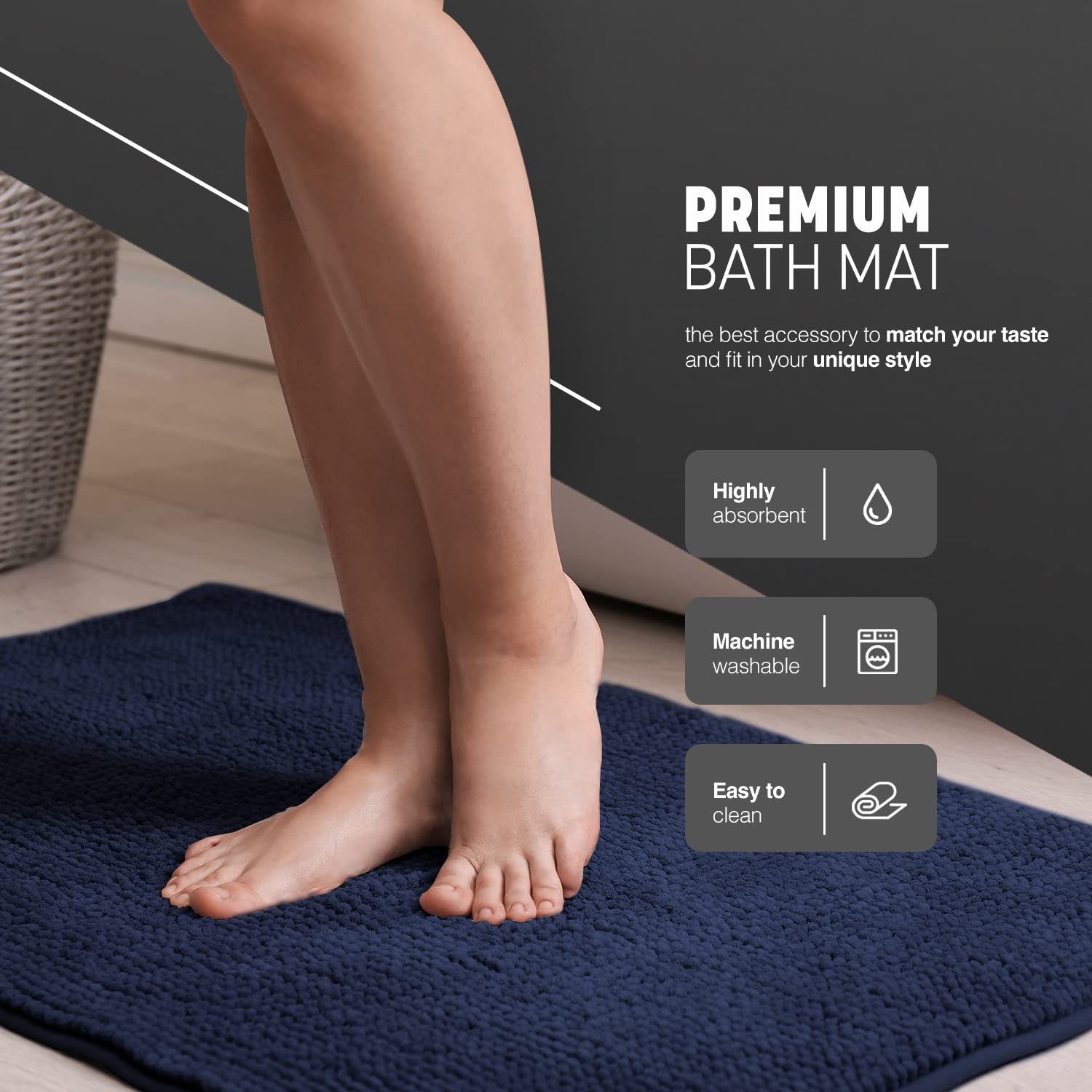 KEPLIN Microfibre Non-Slip Bath Mat - Navy | 40 x 60 cm | Machine Washable 4