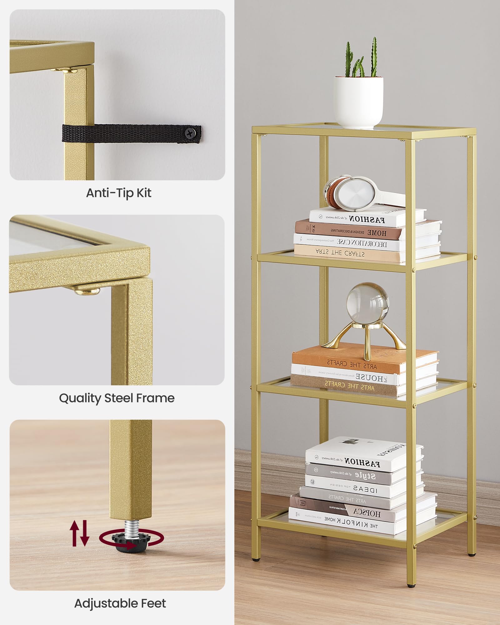 VASAGLE 4-Tier Glass Shelf Unit - Tempered Glass & Metal Frame | 10kg Capacity | Metallic Gold LGT28G 7