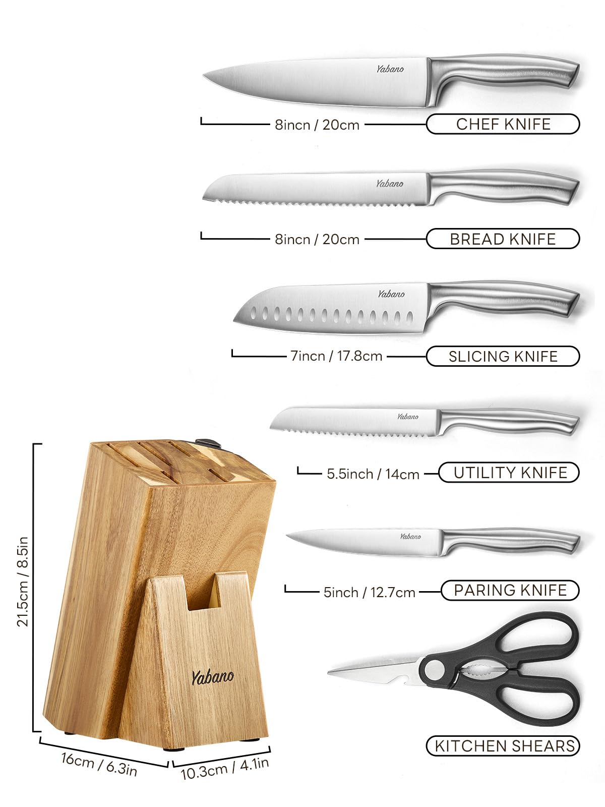 Yabano 7 Piece Kitchen Knife Set with Block | German Stainless Steel | Full-Tang