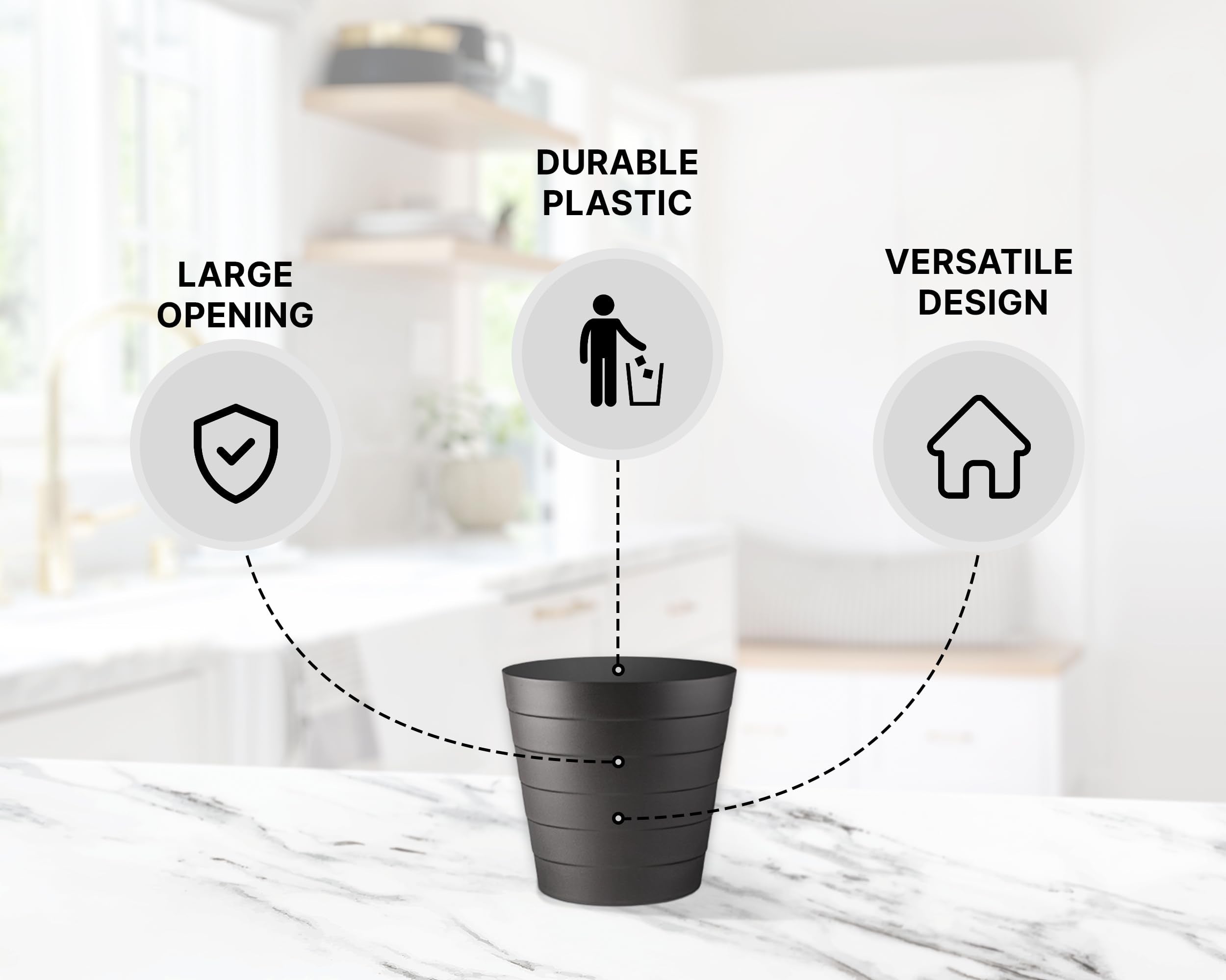 Zuvo 8L Plastic Paper Bin - Shatter-Proof Waste Basket for Office Desk | Black 3