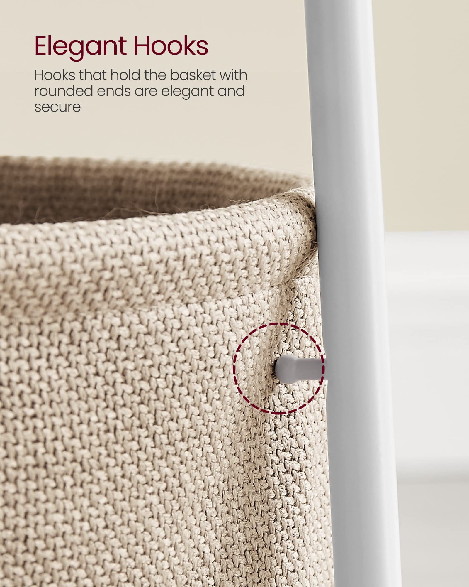 VASAGLE Round End Table - 45 cm Dia. Side Table with Beige Fabric Basket | Matte White Steel Frame 8