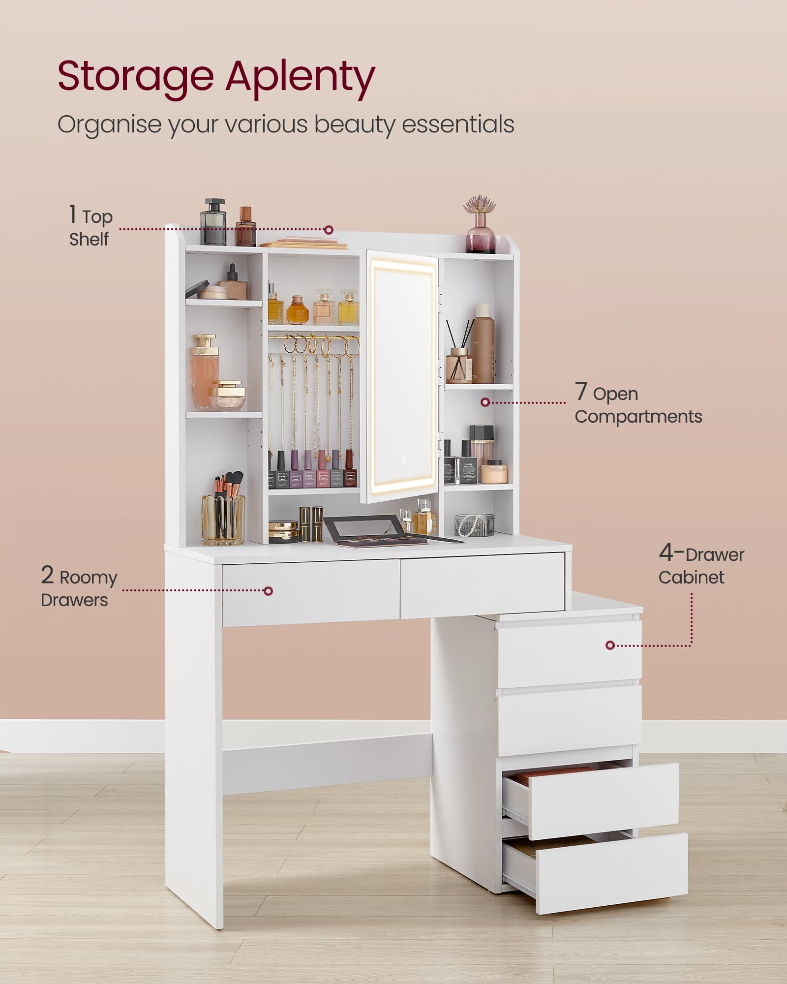 VASAGLE KAILYN Collection Dressing Table with LED Lights | Cloud White | 97.5D cm 4
