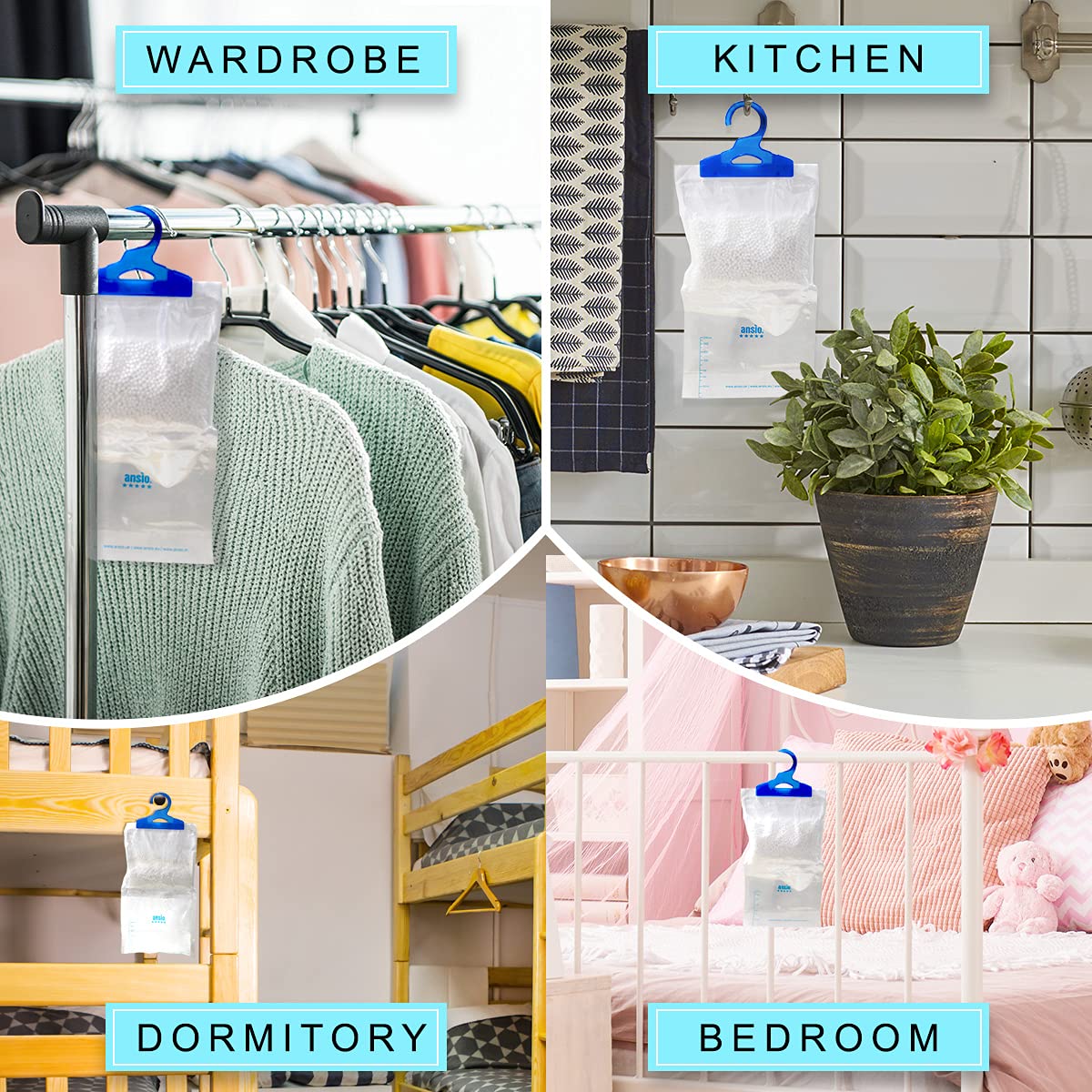 ANSIO Wardrobe Dehumidifier Disposable Hanging Bags - Pack of 6 | Absorbs Damp & Condensation 6