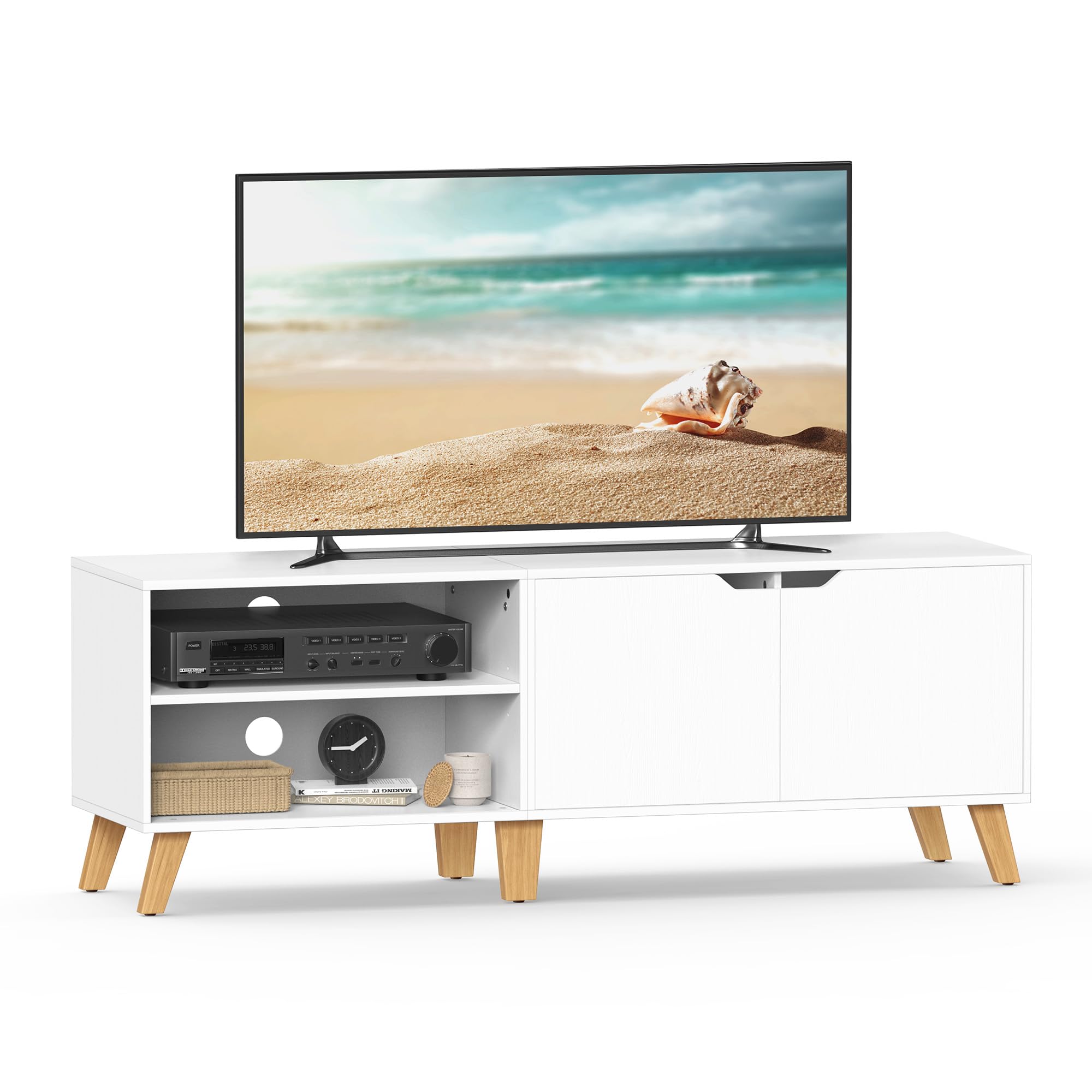 VASAGLE TV Stand - 140 cm Long, White, with 2 Doors & Adjustable Shelves | Engineered Wood
