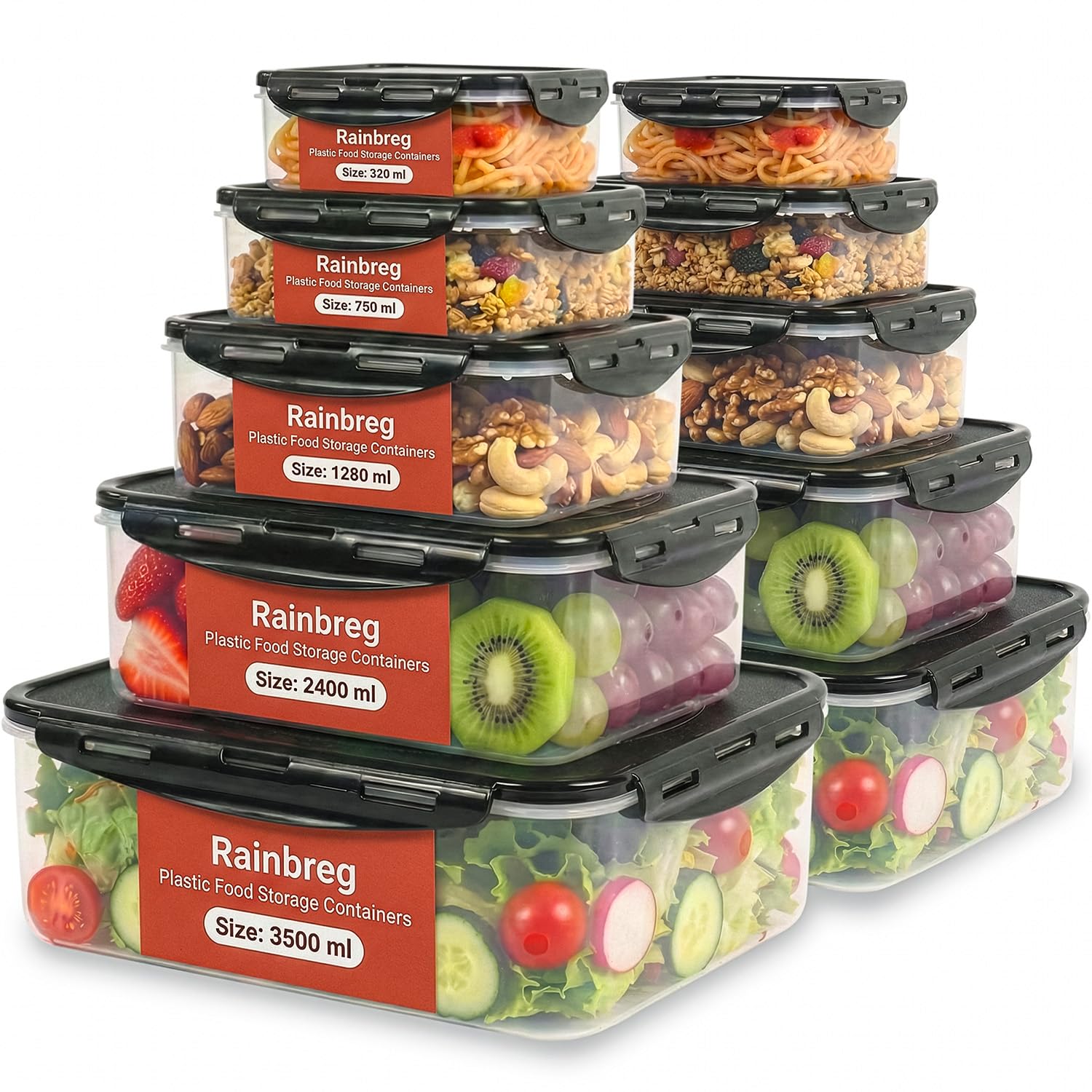 Rainberg Food Storage Container Set - 20 Pieces (10 Containers & 10 Lids) | Airtight & Leakproof 1