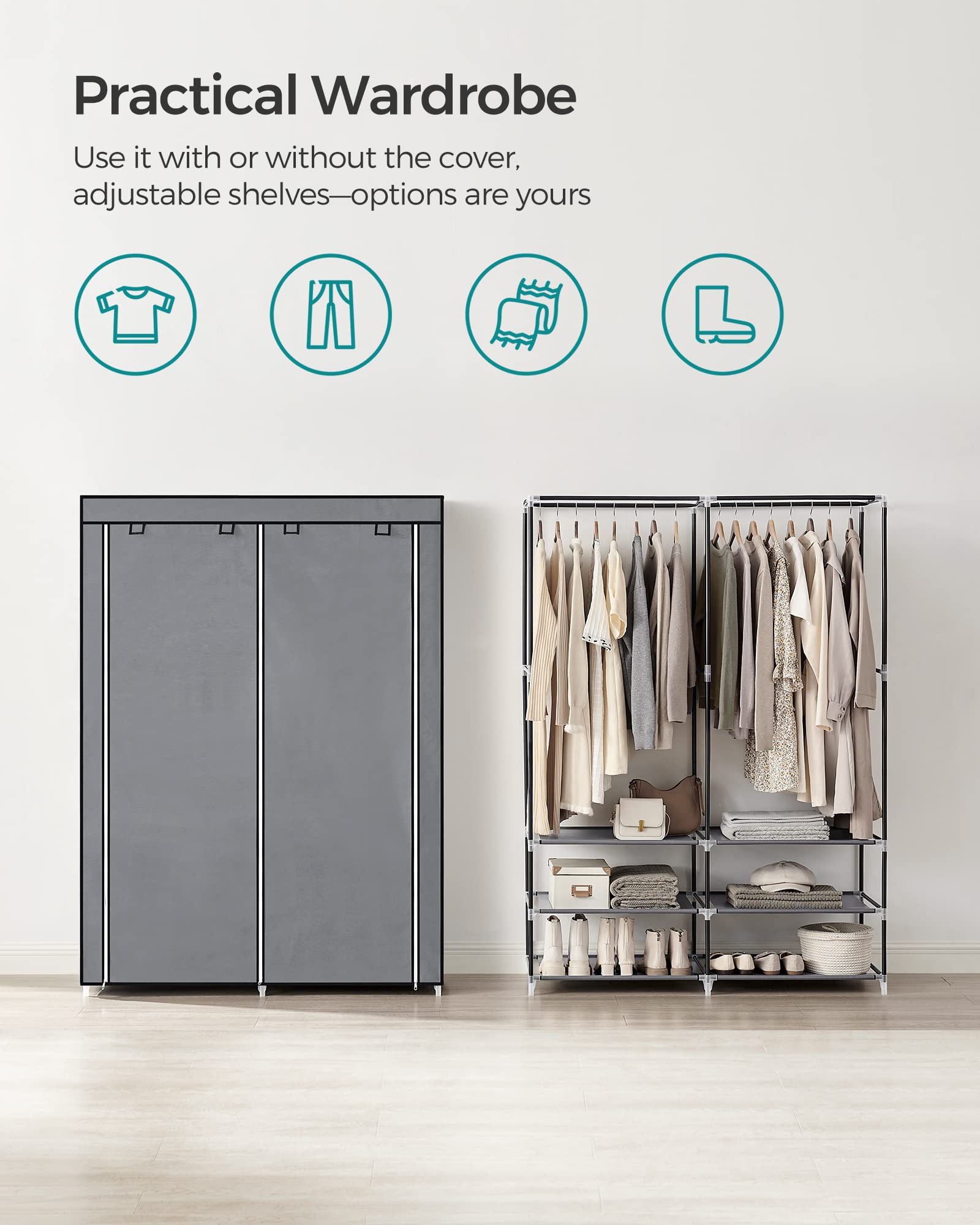 SONGMICS Portable Clothes Wardrobe - Grey | 127W x 45D x 176H cm | 2 Hanging Rods 3