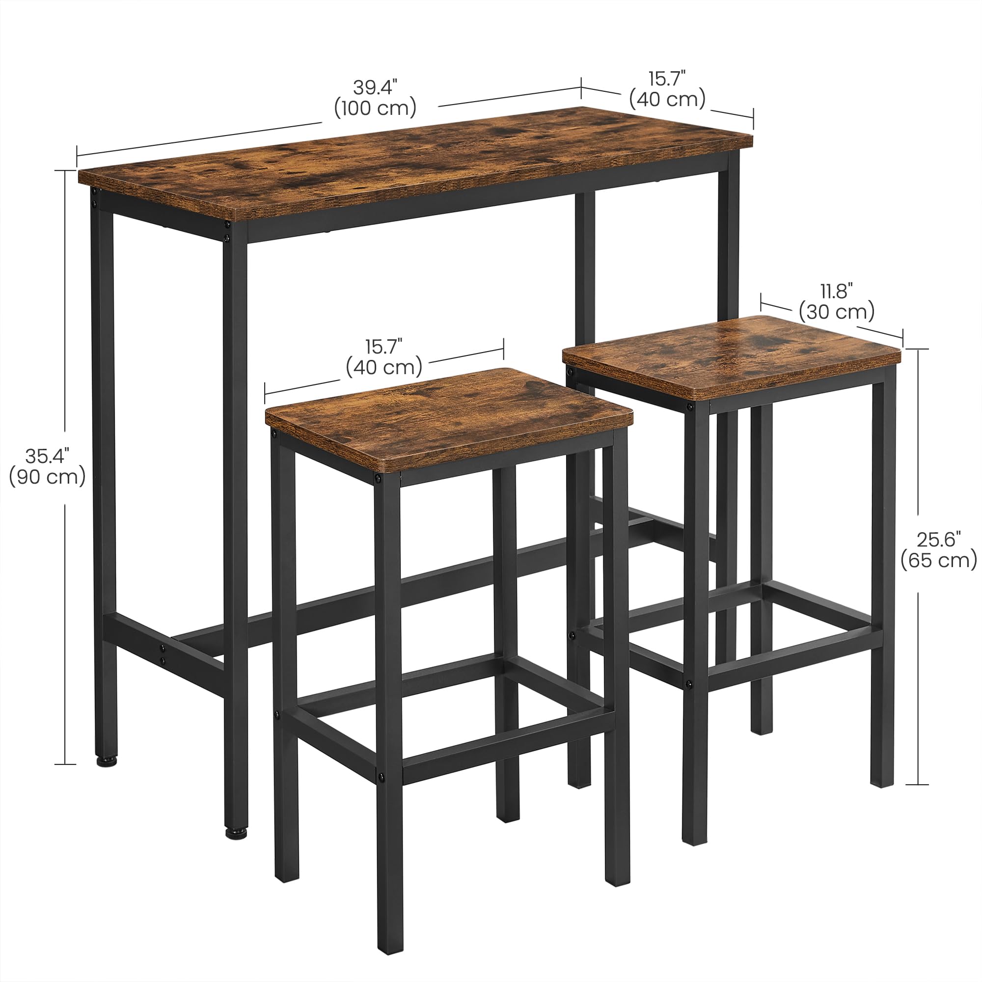 VASAGLE Bar Set - Rustic Brown & Black Dining Table with 2 Stools | 100x40cm Tabletop 2