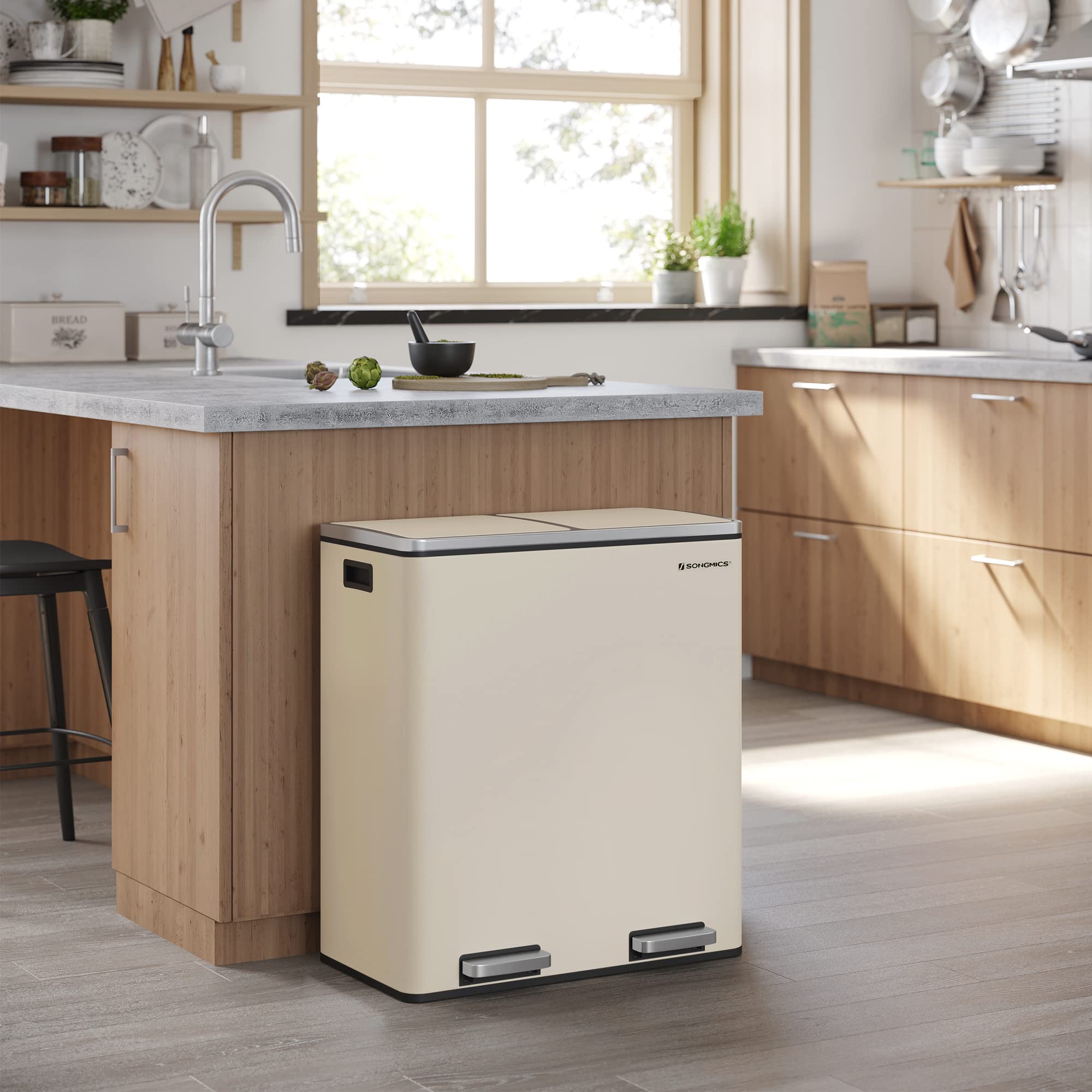 SONGMICS Dual Recycling Bin - 2 Compartments, 2 x 30L Capacity, Cream | Soft Close Pedal | Steel 8