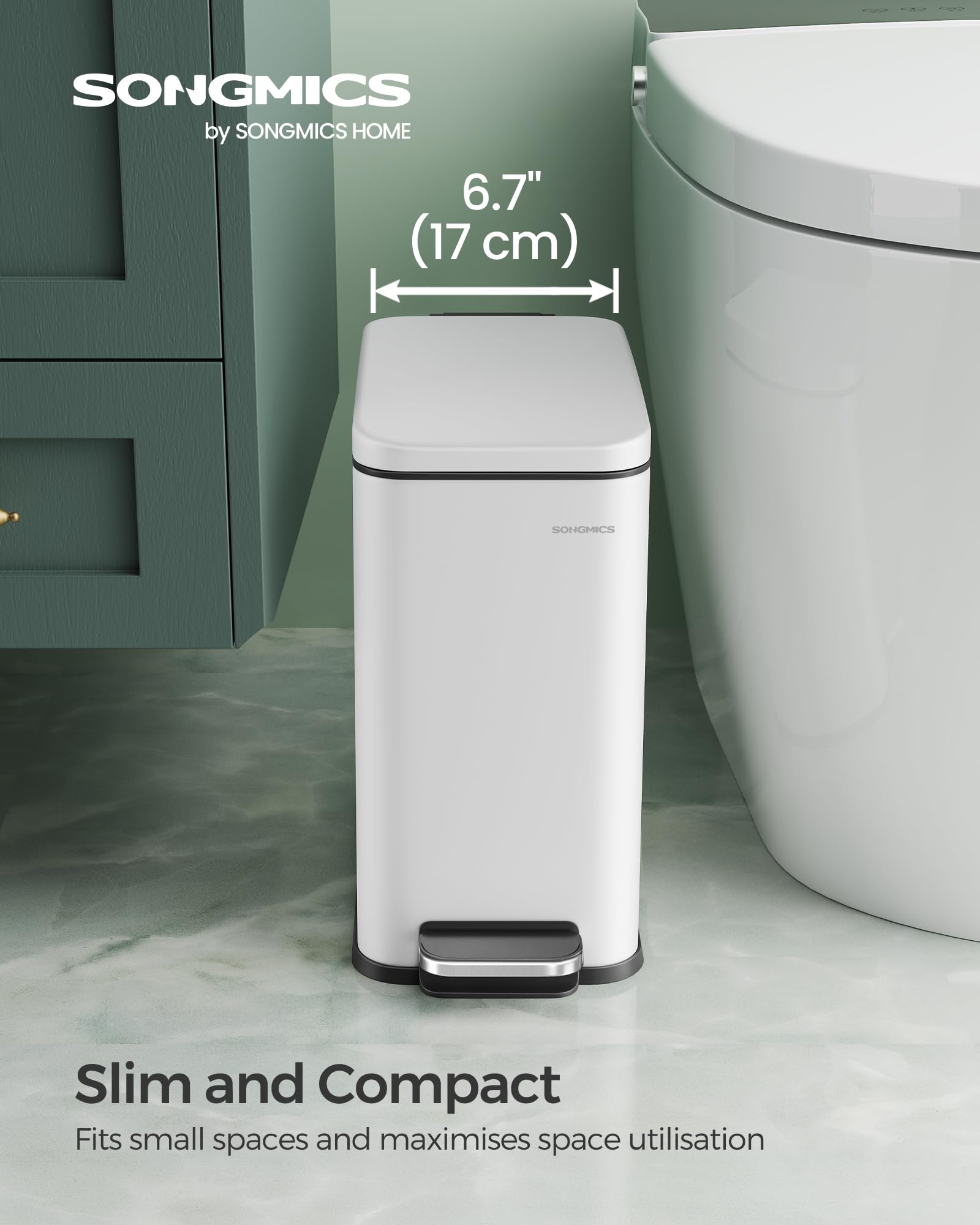 SONGMICS Slim Pedal Bathroom Bin - 10L Capacity | Rust-Resistant Steel | Quiet Close 2