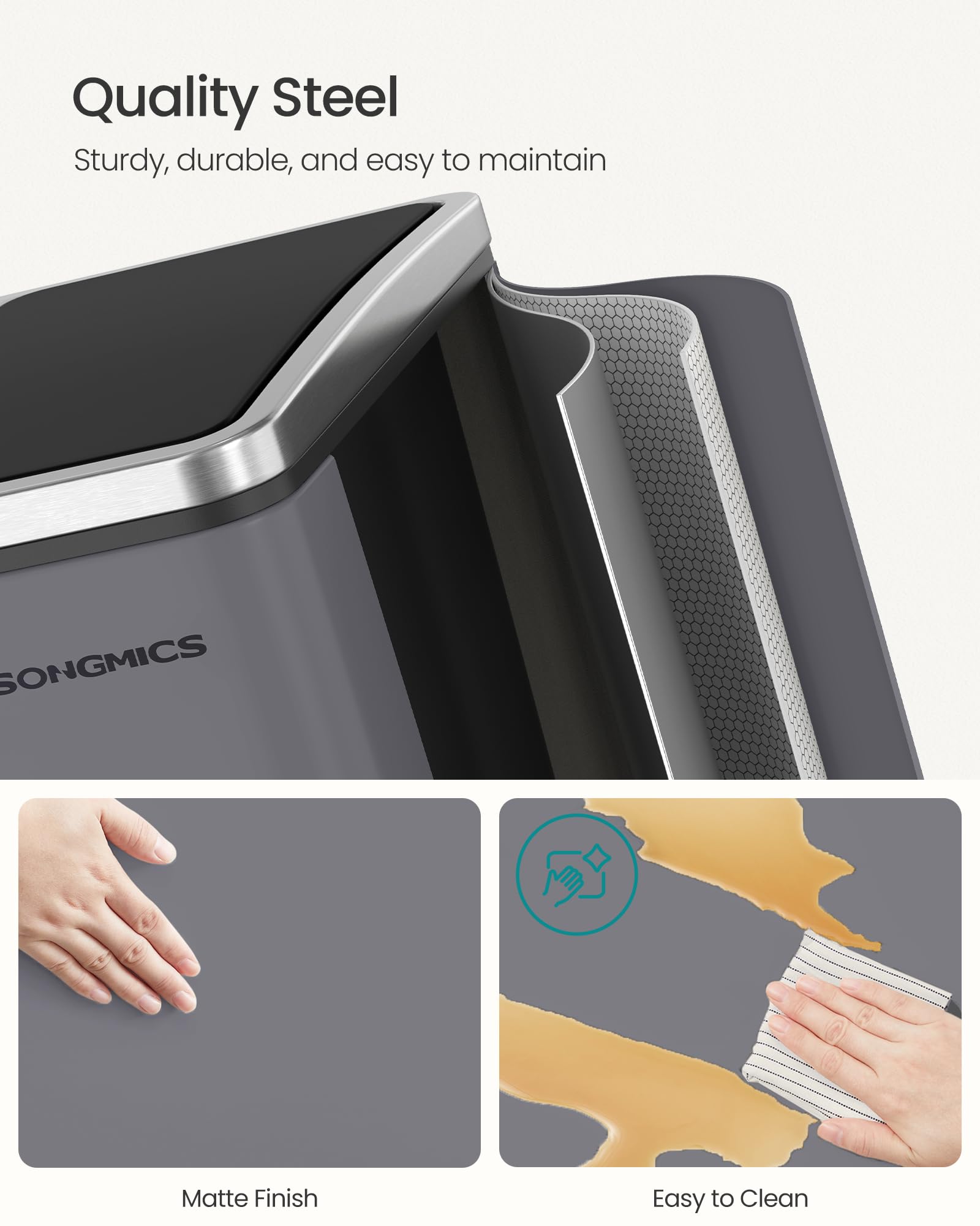 SONGMICS Kitchen Bin - 3 x 18 L Recycling Bin | Steel, Matte Grey | Soft-Close Lids 5