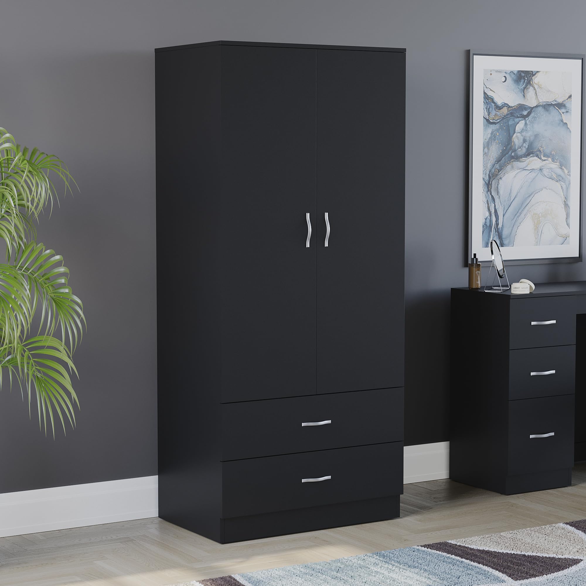 Vida Designs Riano 2 Door Wardrobe - Hanging Rail & Shelf Storage | Engineered Wood | Black 1